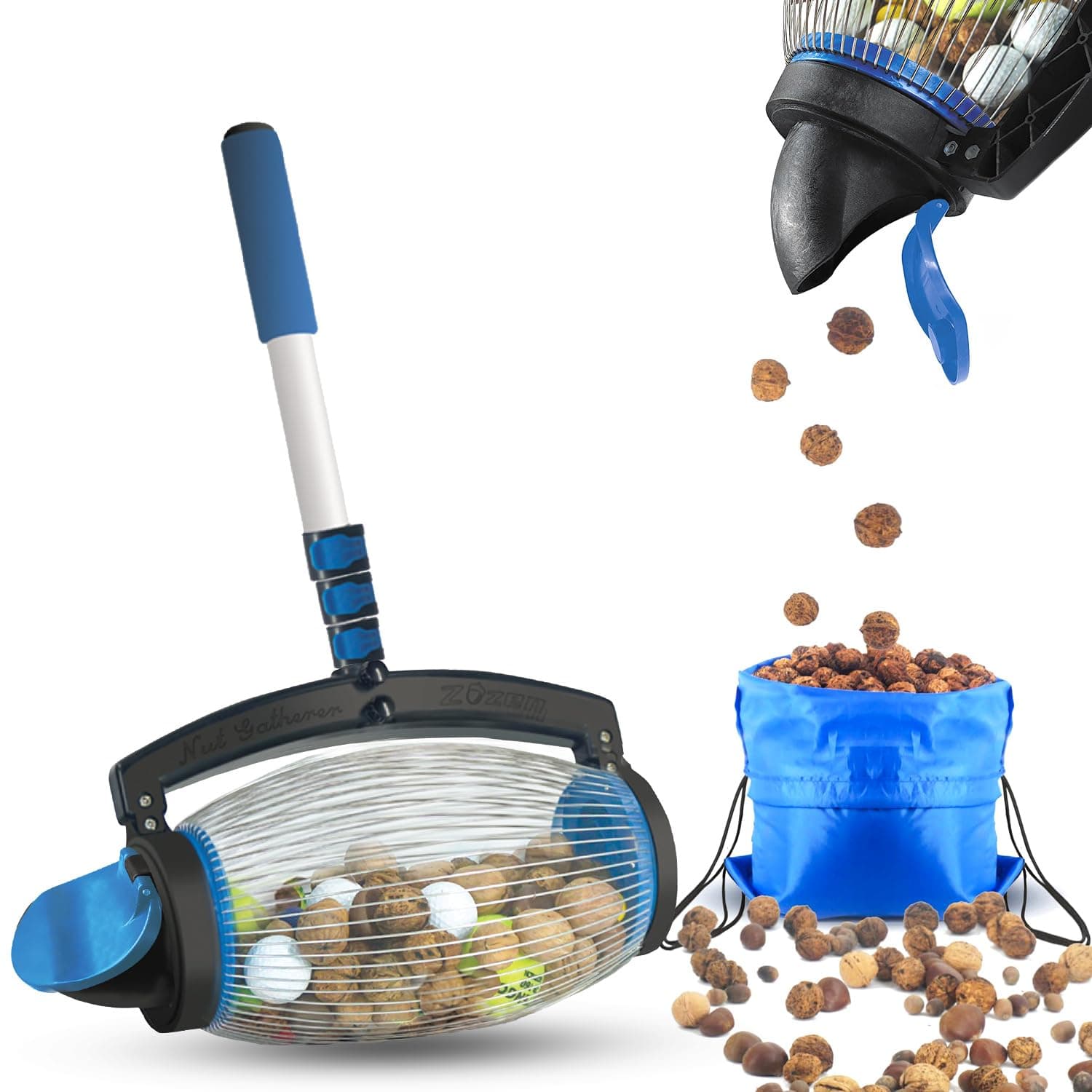 Zozen Nut Gatherer, Walnut Picker Upper Roller, Pinecone Picker Upper - Directly Dump Outlet | Apply to Pinecone, Hickory, Chestnuts, Buckeyes, Golf, Crab Apple Objects Size 1'' to 2.5''; 1.5 Gallon