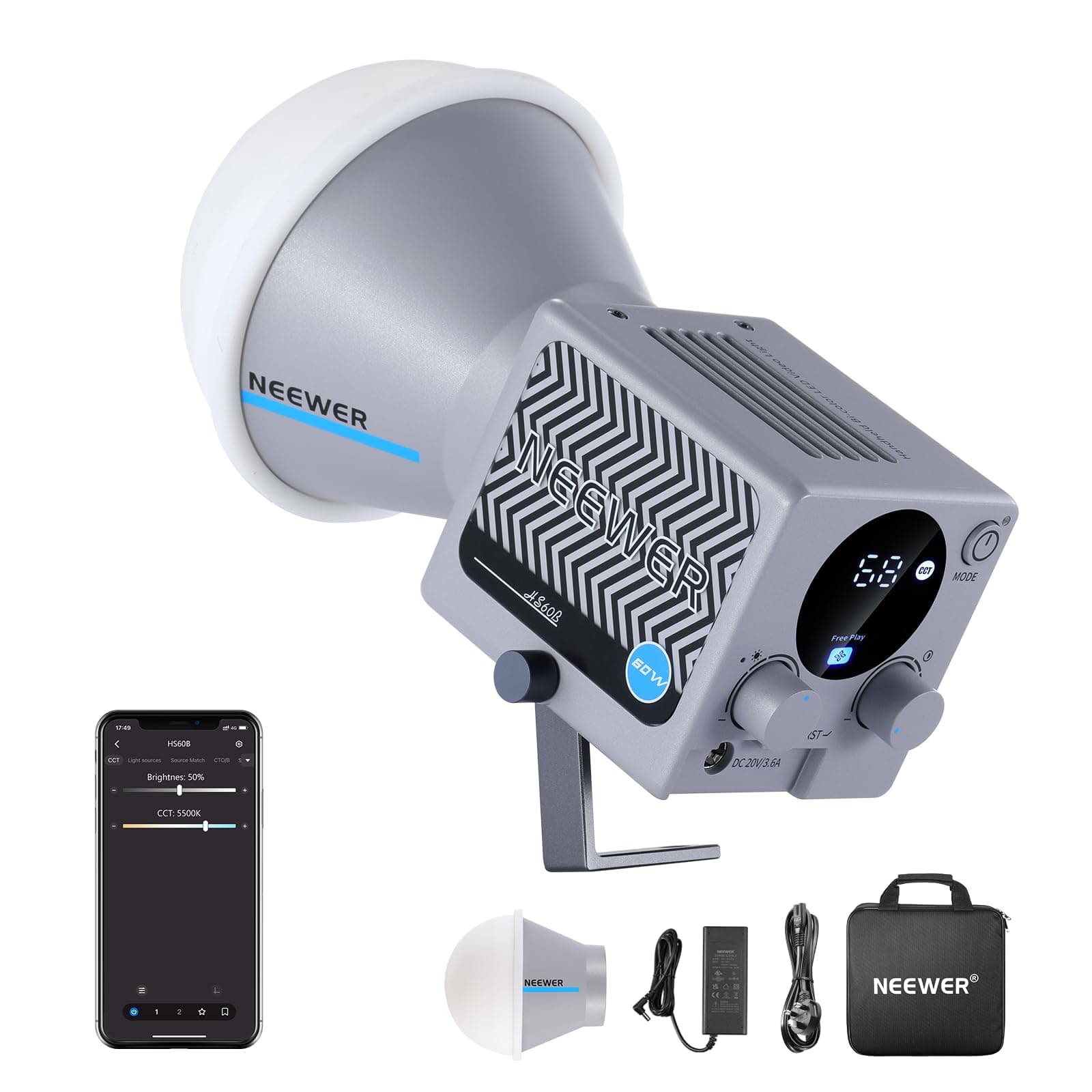 HS60B Mini Video Light with App Control, 60W Handheld Portable Bi Color COB LED Continuous Output Lighting with 35000lux/1m 2700-6500K 0-100% PWM Dimming CRI/TLCI 97+ 12 Scenes USB Type C