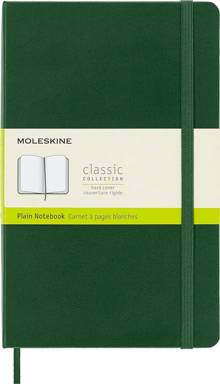 Classic Plain Paper Notebook - Hard Cover and Elastic Closure Journal - Color Myrtle Green - Size Large 13 x 21 A5- 240 Pages