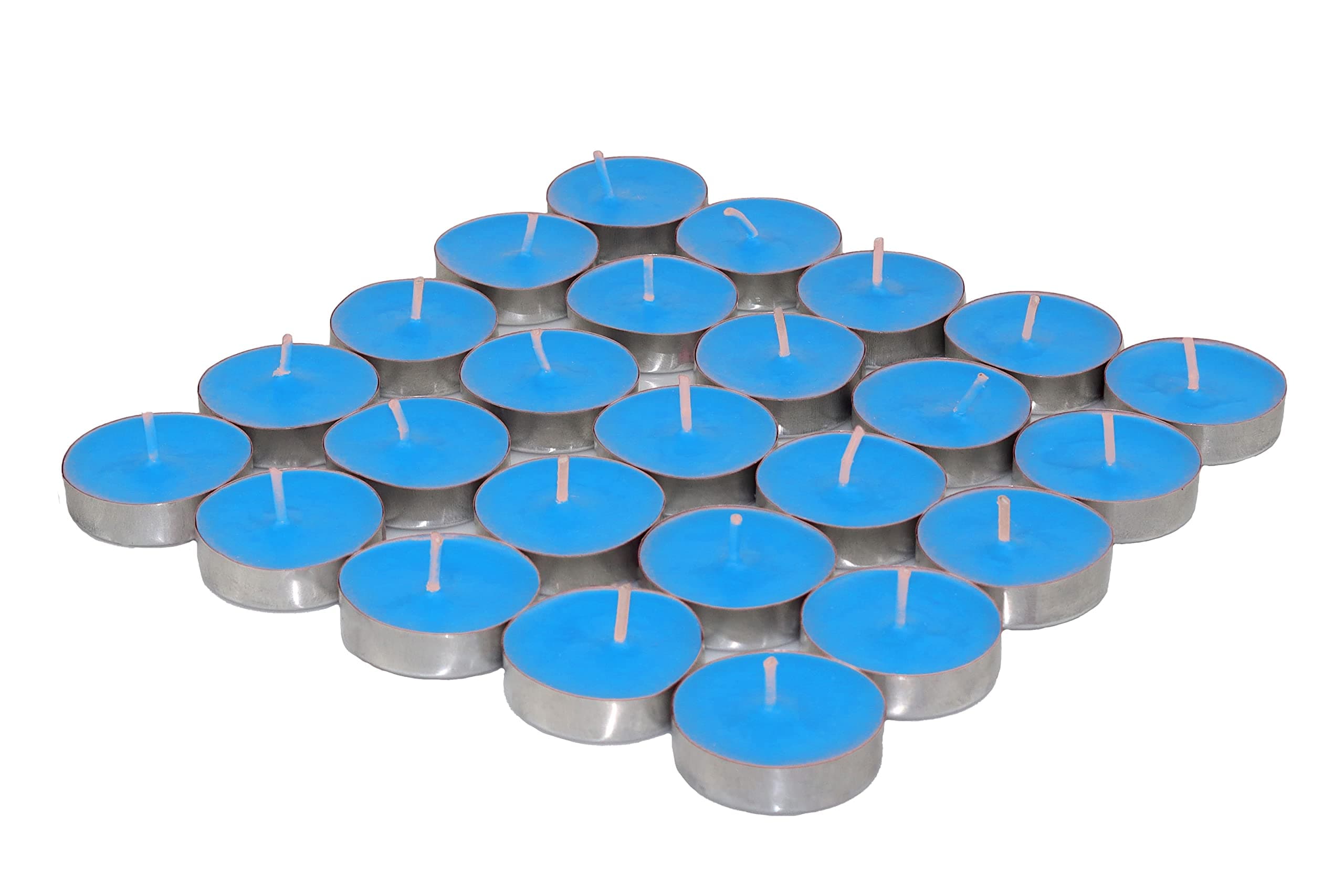 Wax Sky Blue Tealight Candles, Plain Tea Lights Candles Set of 25 for Diwali Decorations, Fancy Unscented Tealight Candles Pack of 25pcs (Sky Blue Colour)