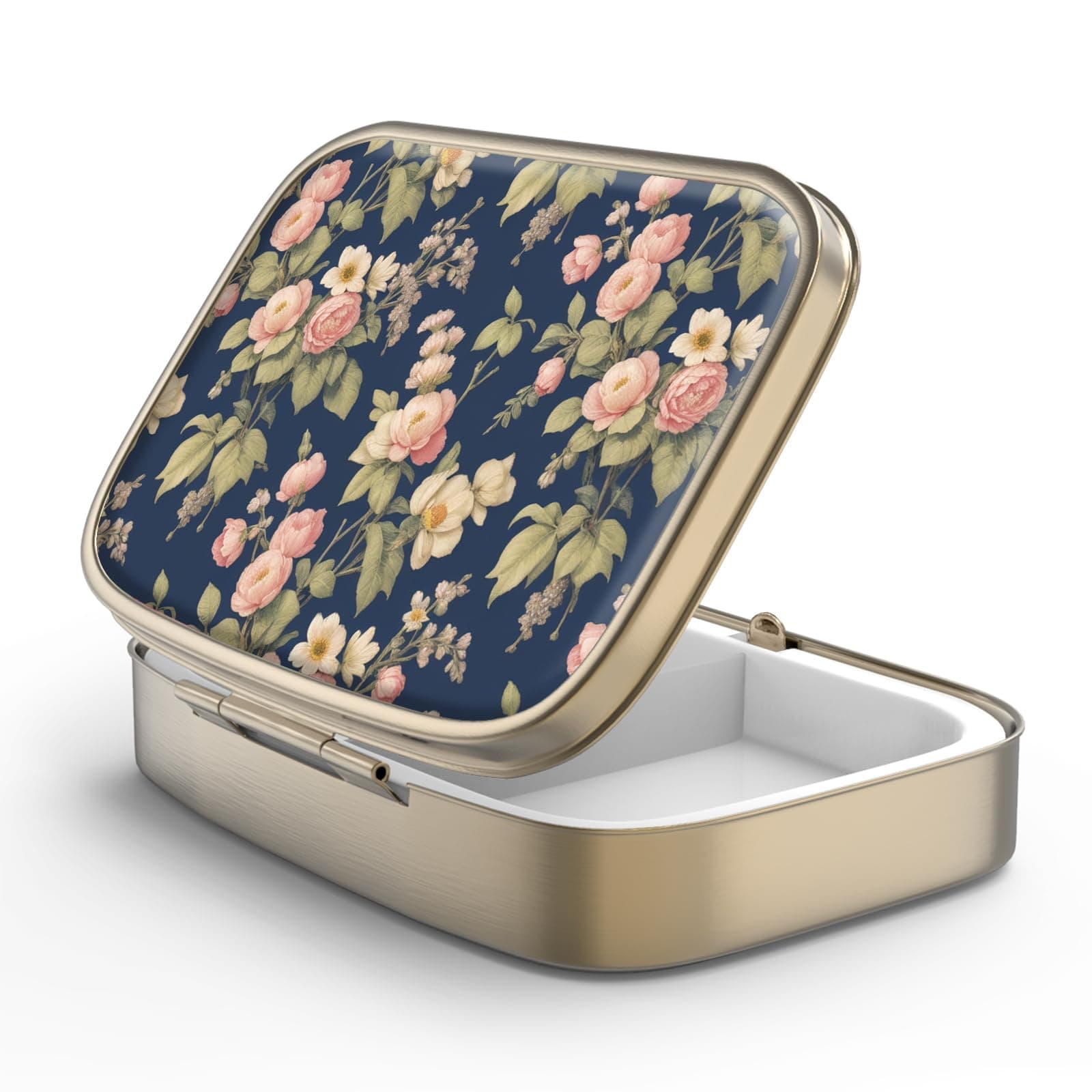 Pill Case Pill Box with Mirror Retro 2 Compartment Small Pill Case for Purse or Pocket Bronze Rectangular Pill Box or Vitamins, Fish Oil, Supplements, Pill Containe Travel Gifts(Retro Rose Floral)