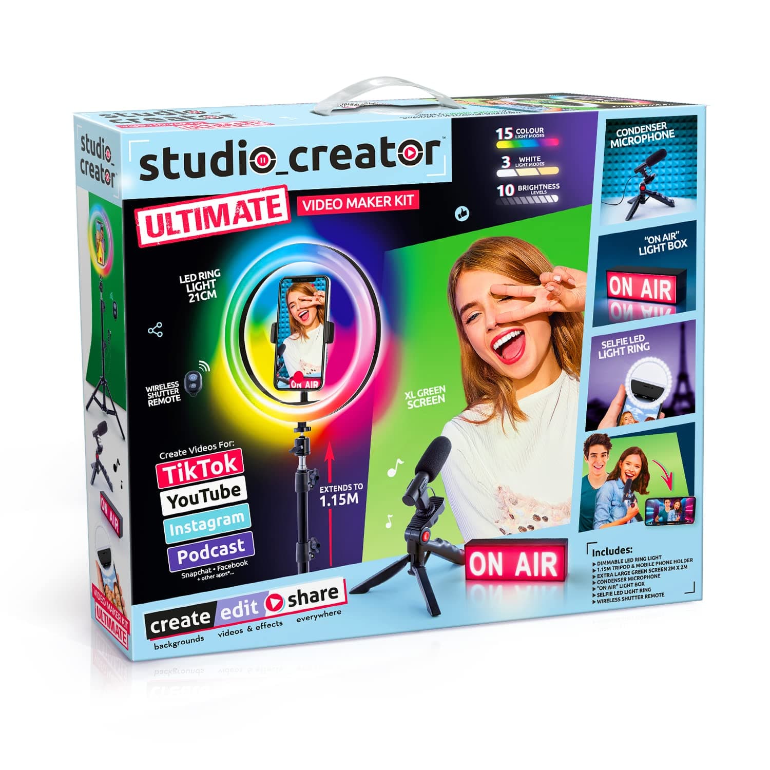 Studio Creator Ultimate Video Maker Kit, XL Green Screen, Colour LED Ring Light, Microphone + Selfie Light, 'On Air' Lightbox + More! For Ages 14+