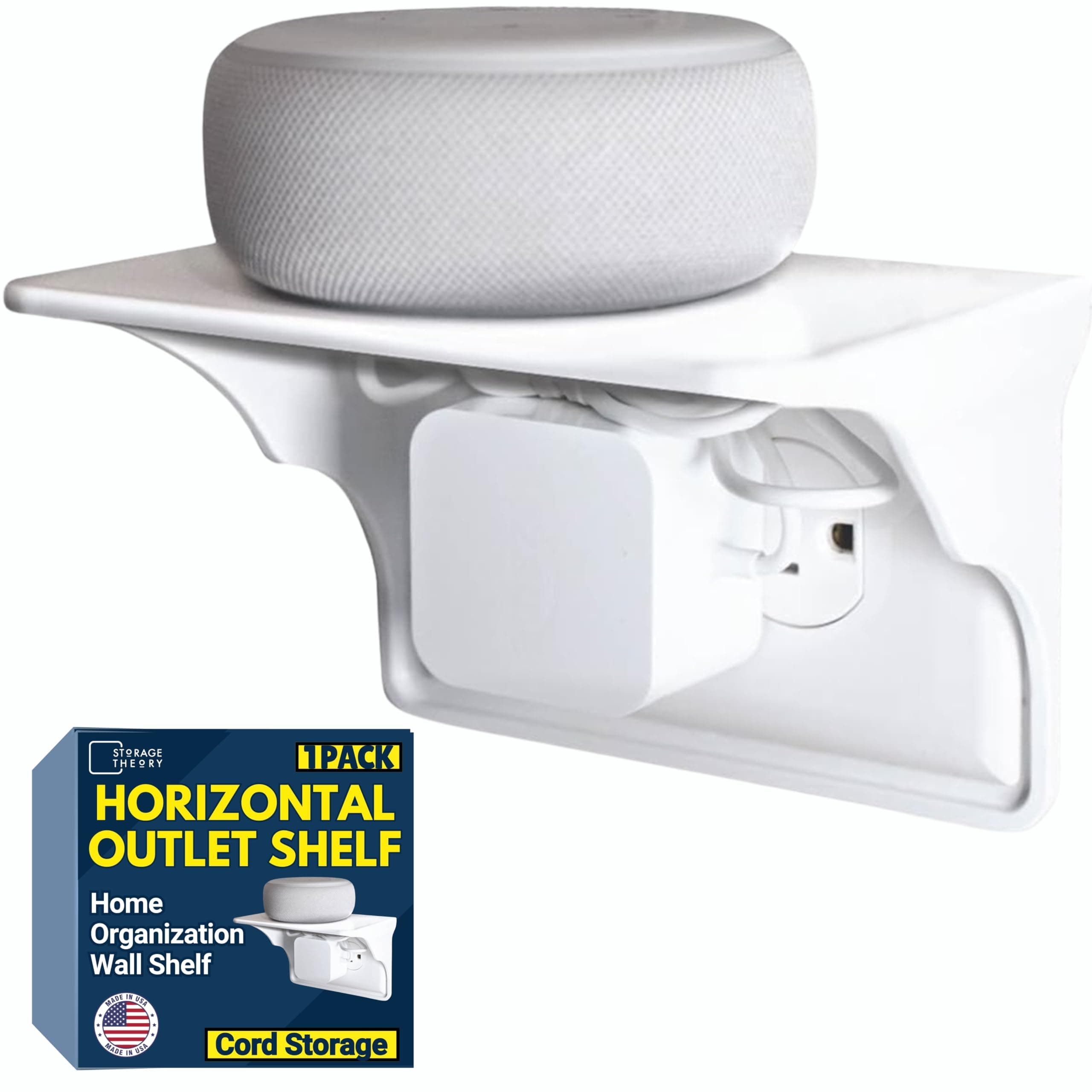 Power Perch Horizontal Wall Outlet Shelf with Cord Storage Strap - Declutter & Reclaim Bathroom Counter Space - Alexa Stand, Apple Homepod Shelf, Toothbrush Holders Wall Mounted - White, 1-Pack