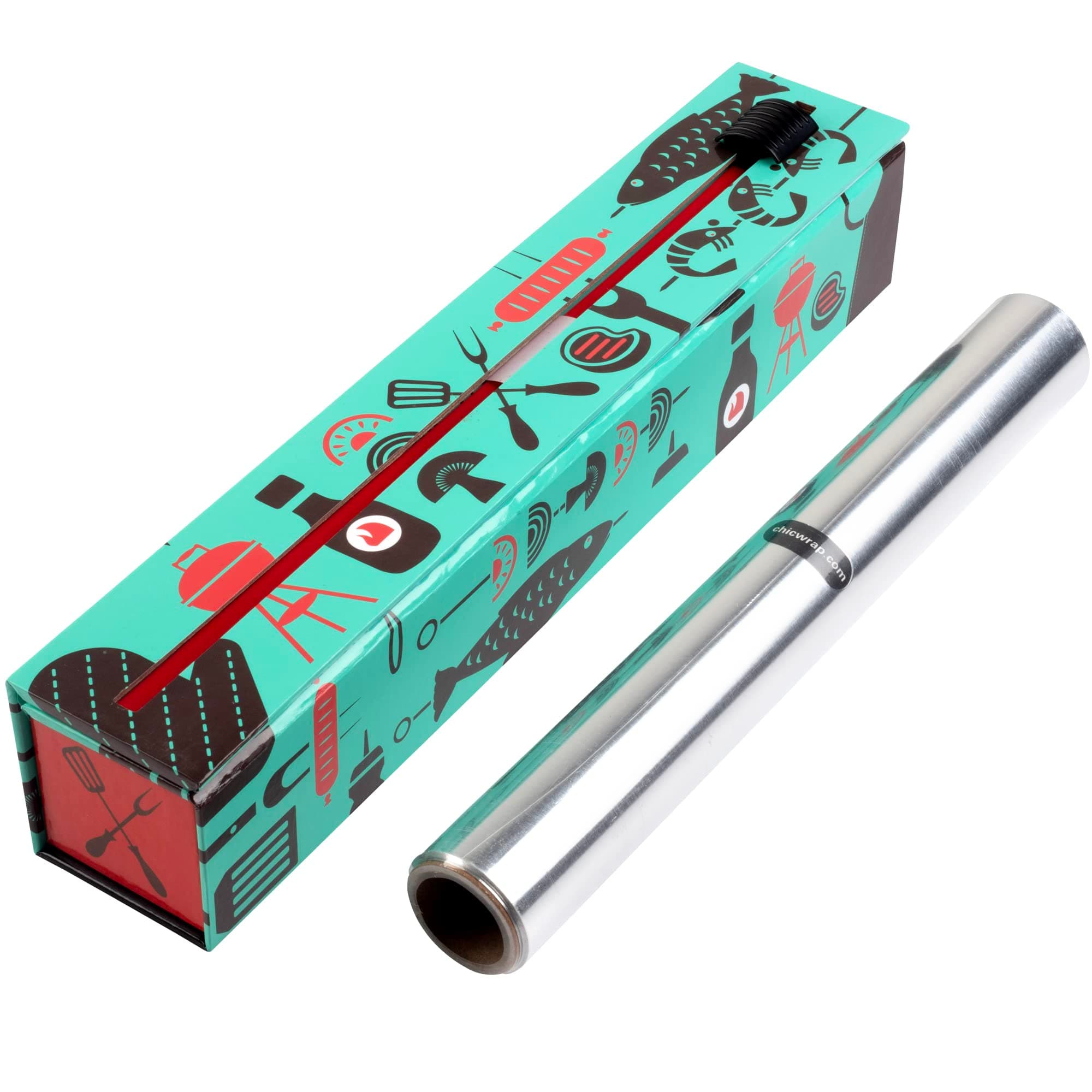 ChicWrap BBQ Tools Refillable Foil Dispenser - One 12"x 30' Roll of Professional Grade Aluminum Foil - Reusable Dispenser w/Slide Cutter - Kosher Certified - Reduces Waste & Saves Money