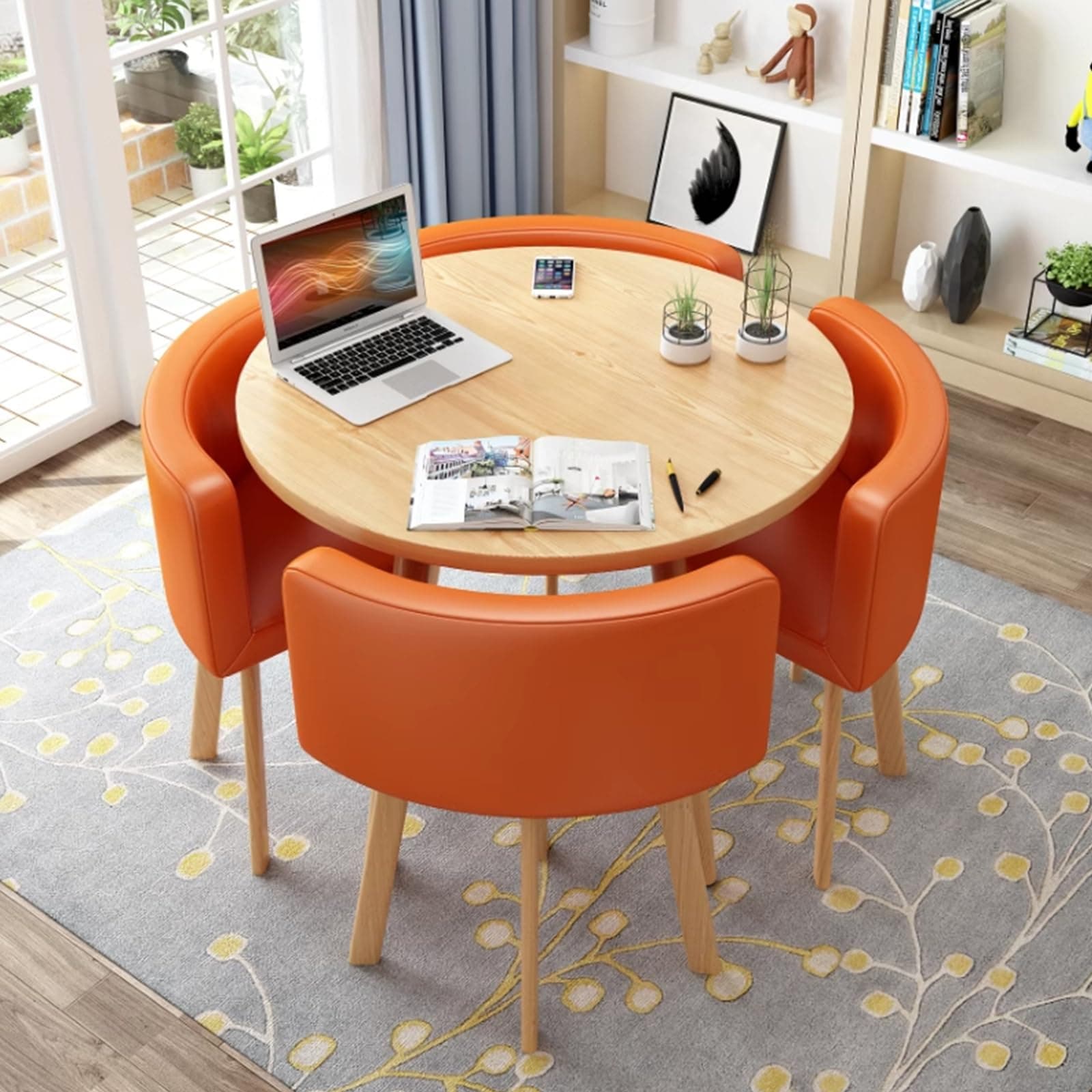 SUZEPER Round Kitchen Dining Table Set for 4, Space Saving Table and Chairs Set with Thick Tabletop 4 Upholstered Chairs, Dinning Room Modern Casual Coffee Table Set(D 31.5inch/80cm, PU OrangeA)