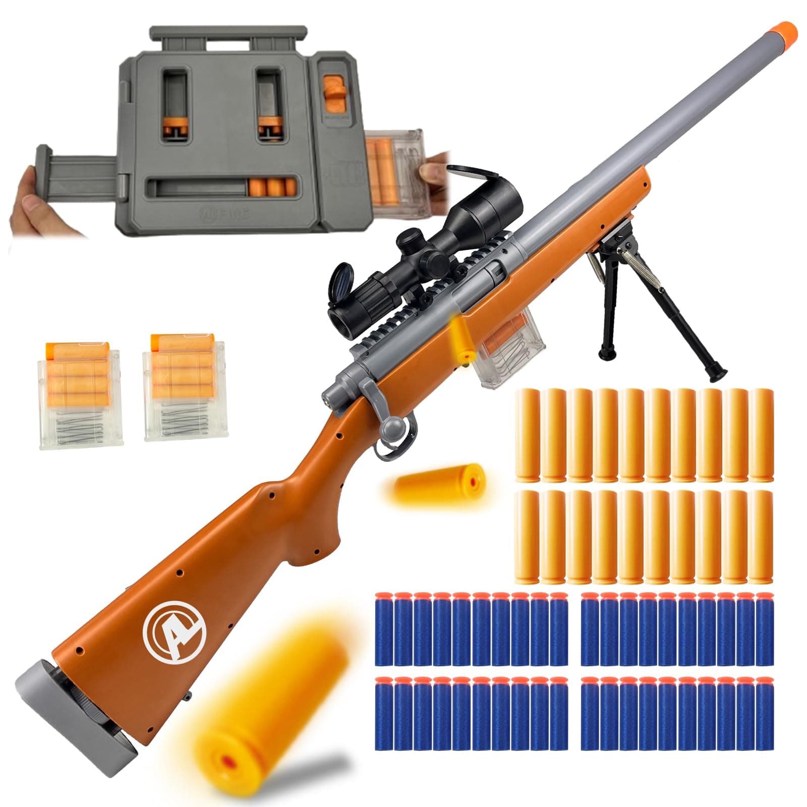 M24 Foam Blaster, Shell Ejecting, Safety Switch, Adjustable Stock 41.8 Inch, Fast Dart Loader, Scope, 40 Darts, 20 Casings, 2 Mags, Tactical Gear for Teens 14+ Adults(Brown)