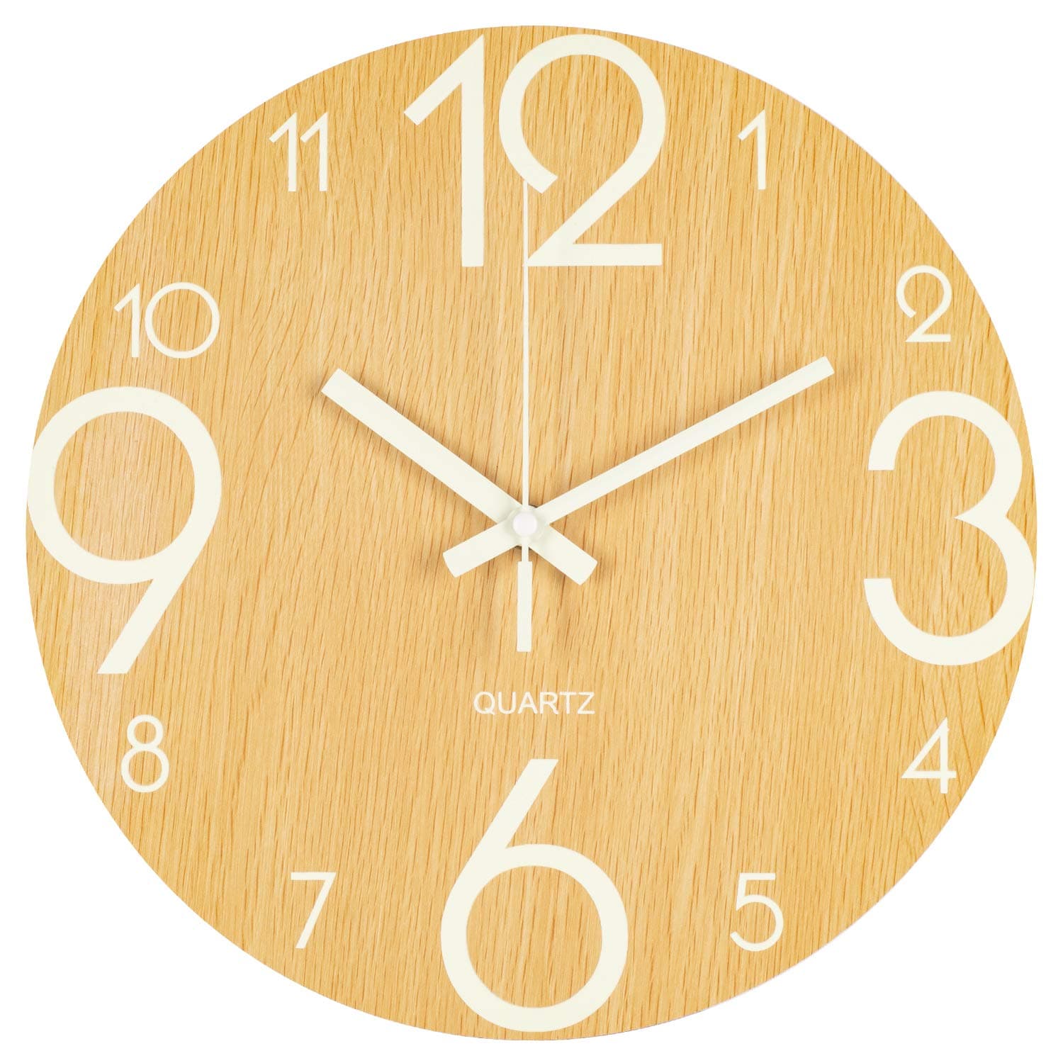 Luminous Wall Clock, 30cm Four Large Arabic Numerals Decorative Clock, Grow In The Dark Non Ticking Battery Operated Silent Clock for Home, Kitchen, Living room, Bedroom, Indoor(Yellow)