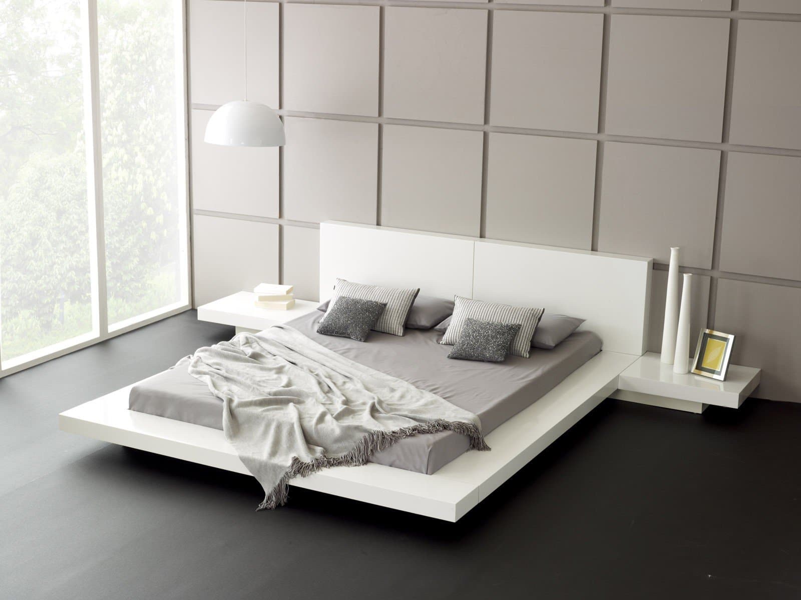 HEKAMI Low Height King Size Bed with Side Tables (White high Gloss Finish in Plywood)