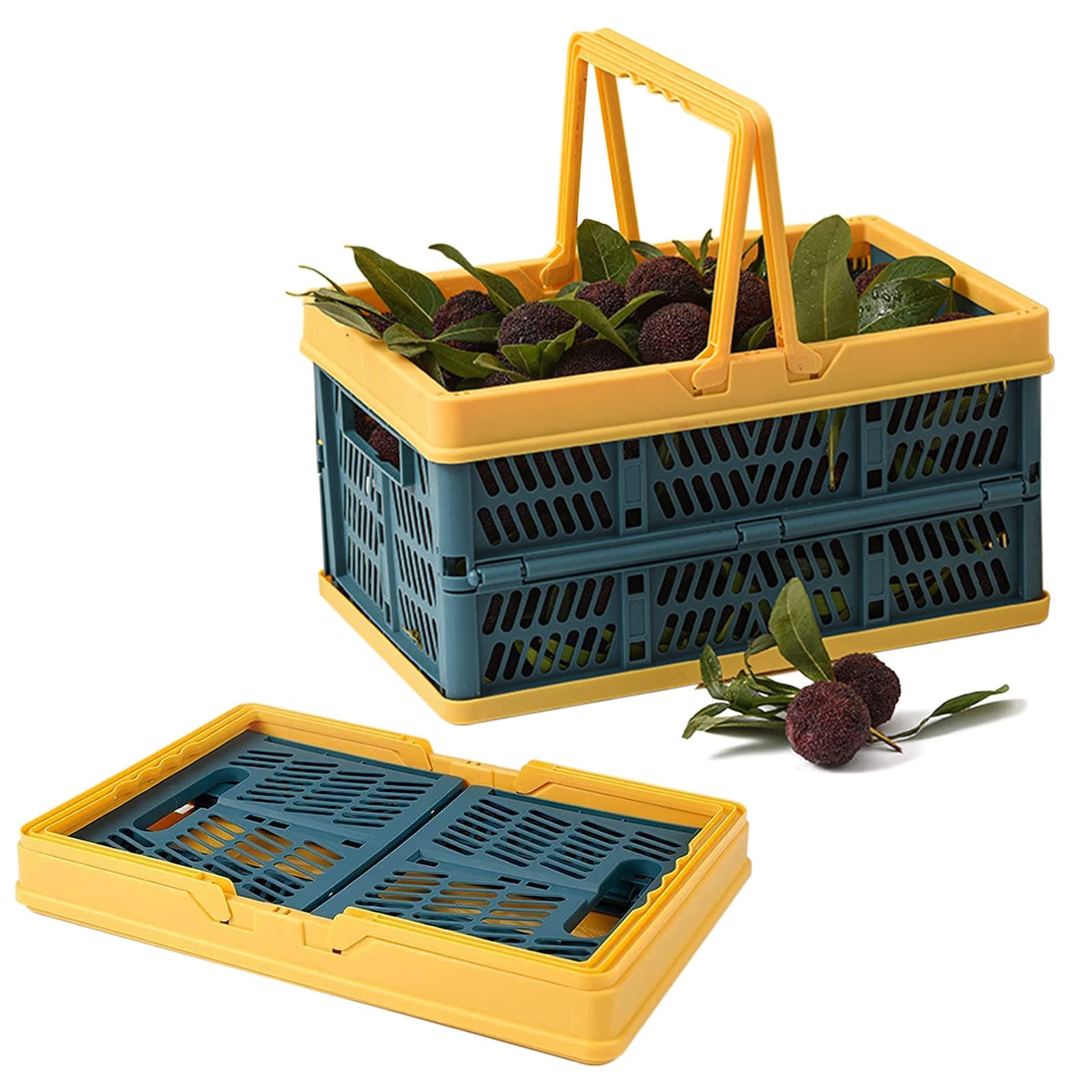 Jujulada Collapsible Shopping Basket, Blue & Yellow, Plastic, Rectangular, Rustic Outdoor, 29.8x19.8x16.3cm, 0.1kg, Foldable, Lightweight, No Lid, Outdoor Use