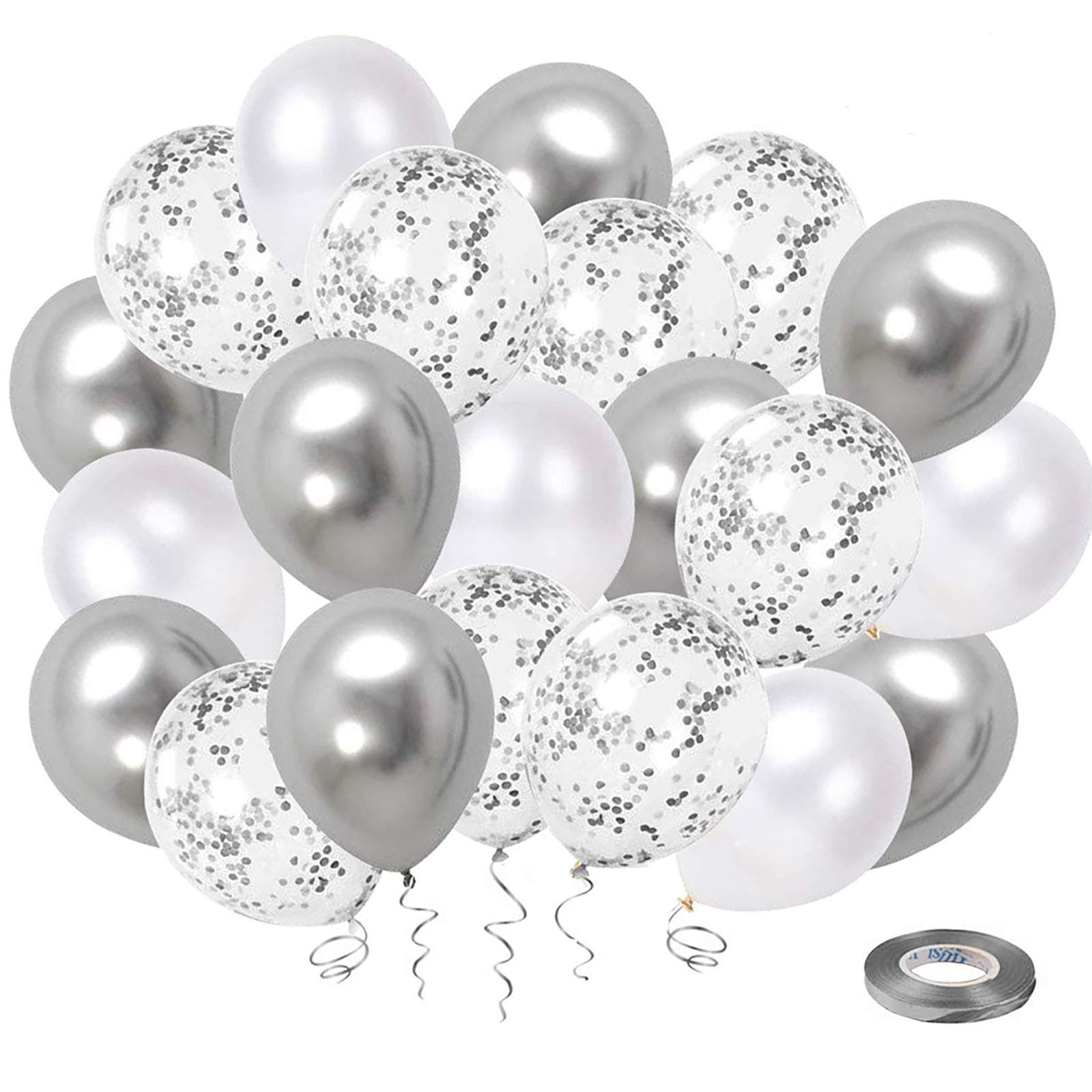 White Silver Confetti Latex Balloons, 50 Pack 12inch Silver Metallic Party Balloon Set with Silver Ribbon for Wedding Birthday Baby Shower Decorations
