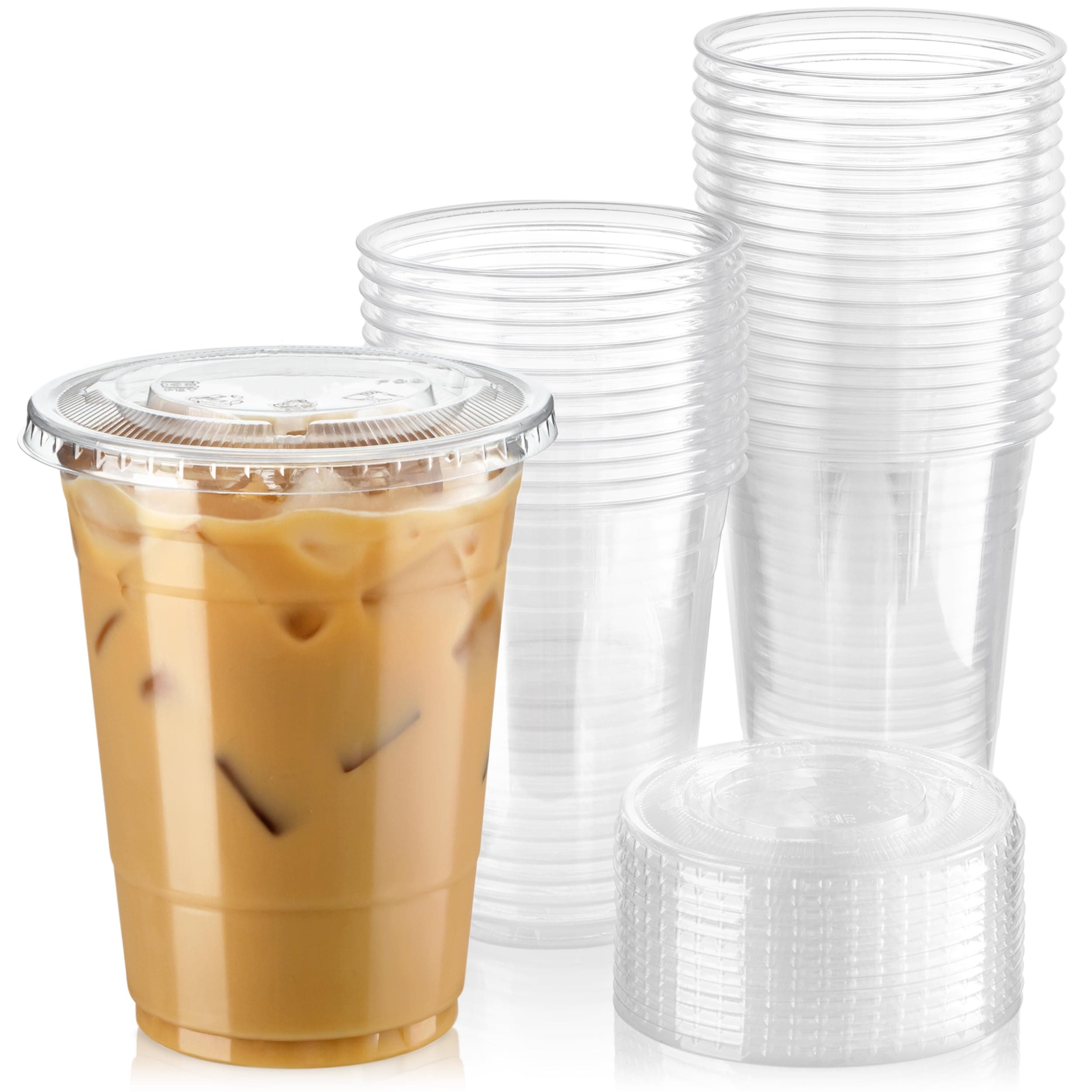 16oz Medium Clear Plastic Cups BPA Free with Flat Perforated Lids Disposable Cups for Cold Drinks, Coffee, Iced Tea, Smoothies, Tapioca Drinks, Set of 50