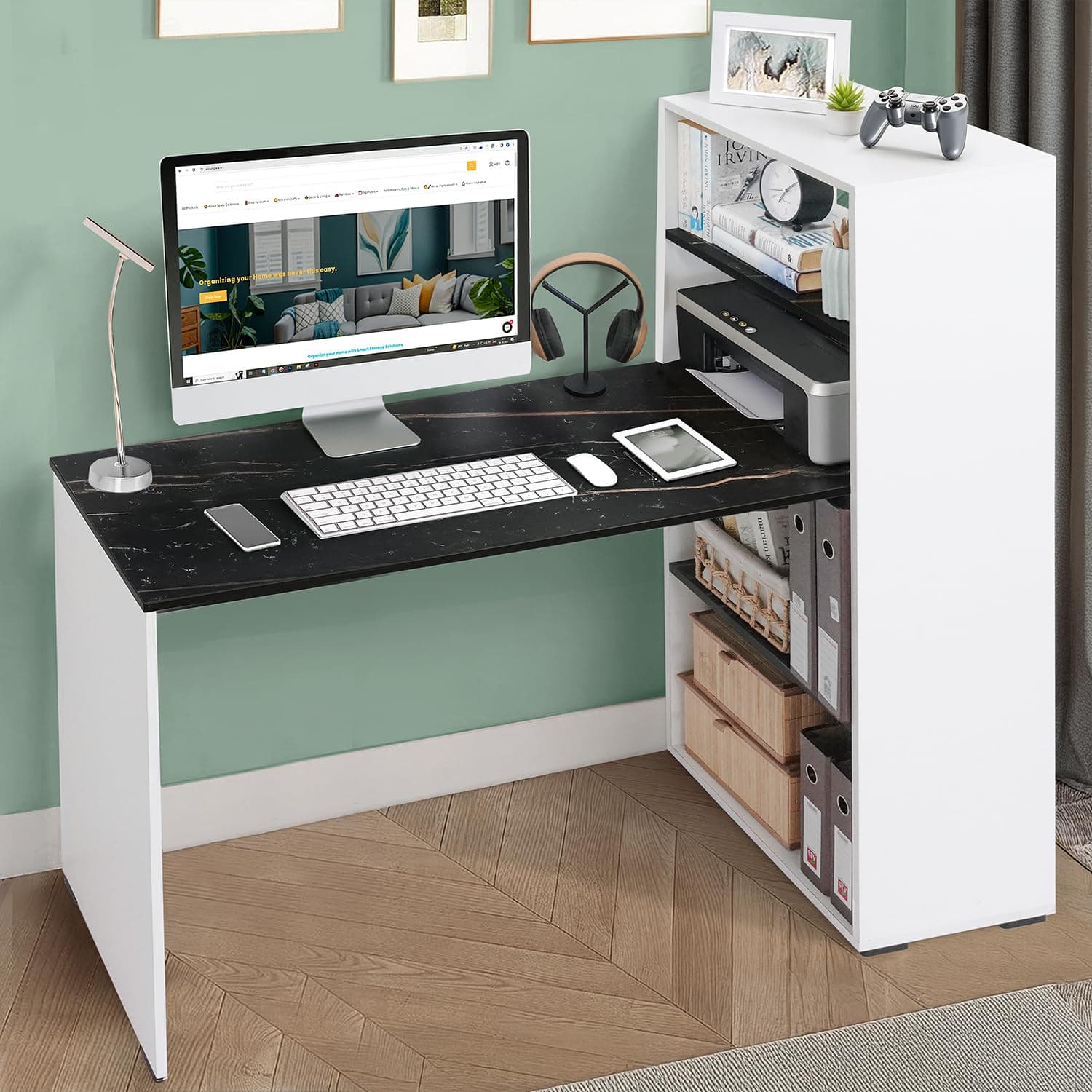 ABOUT SPACE Study Table with 4 Tier Book Shelf - Computer Table with Storage for PC, Laptop & Writing DIY Engineered Wood Office Table for Home [White & Black Marble L 120 x B 53 x H 124.5 cm