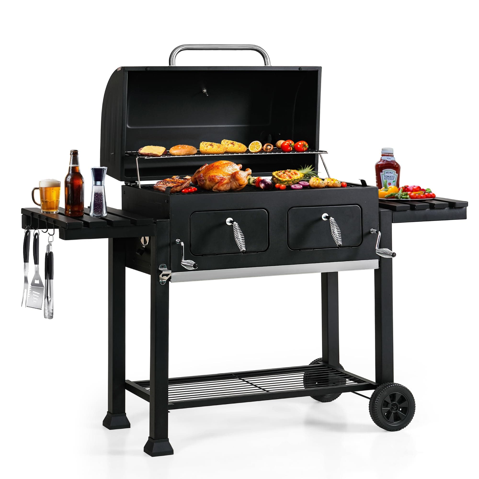 Multifunctional Extra Large 49 Inch BBQ Charcoal Grills with Temperature Control, Side Table and Easy Clean Ash Tray, Barrel Barbecue Grill for Multiple-family Household and Friends Party
