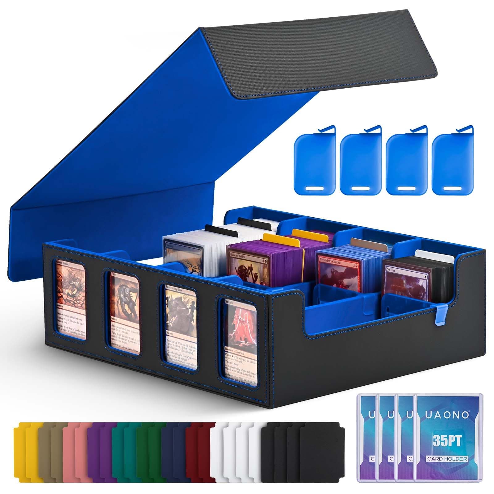 Trading Card Storage Box for Commander Display, 2400+ MTG Deck Box with 4 Top Loader, TCG Card Case fits Magic PTCG Sports Cards(Black&Blue)