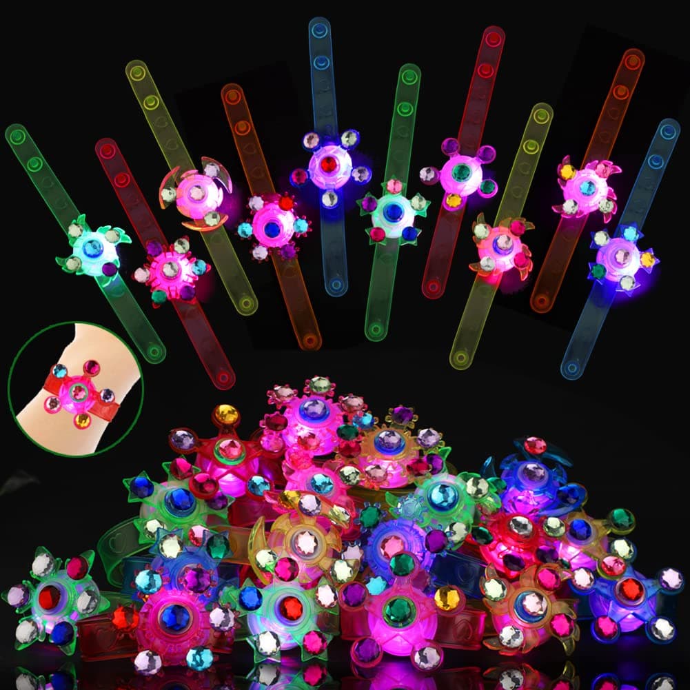 Easter Basket Stuffers- 48 Pack LED Light Up Fidget Spinner Bracelets, Glow in The Dark Party Favors for Kids 4-8 8-12 Boy Girls, Easter Egg Fillers Treasure Box Toys Classroom Prizes