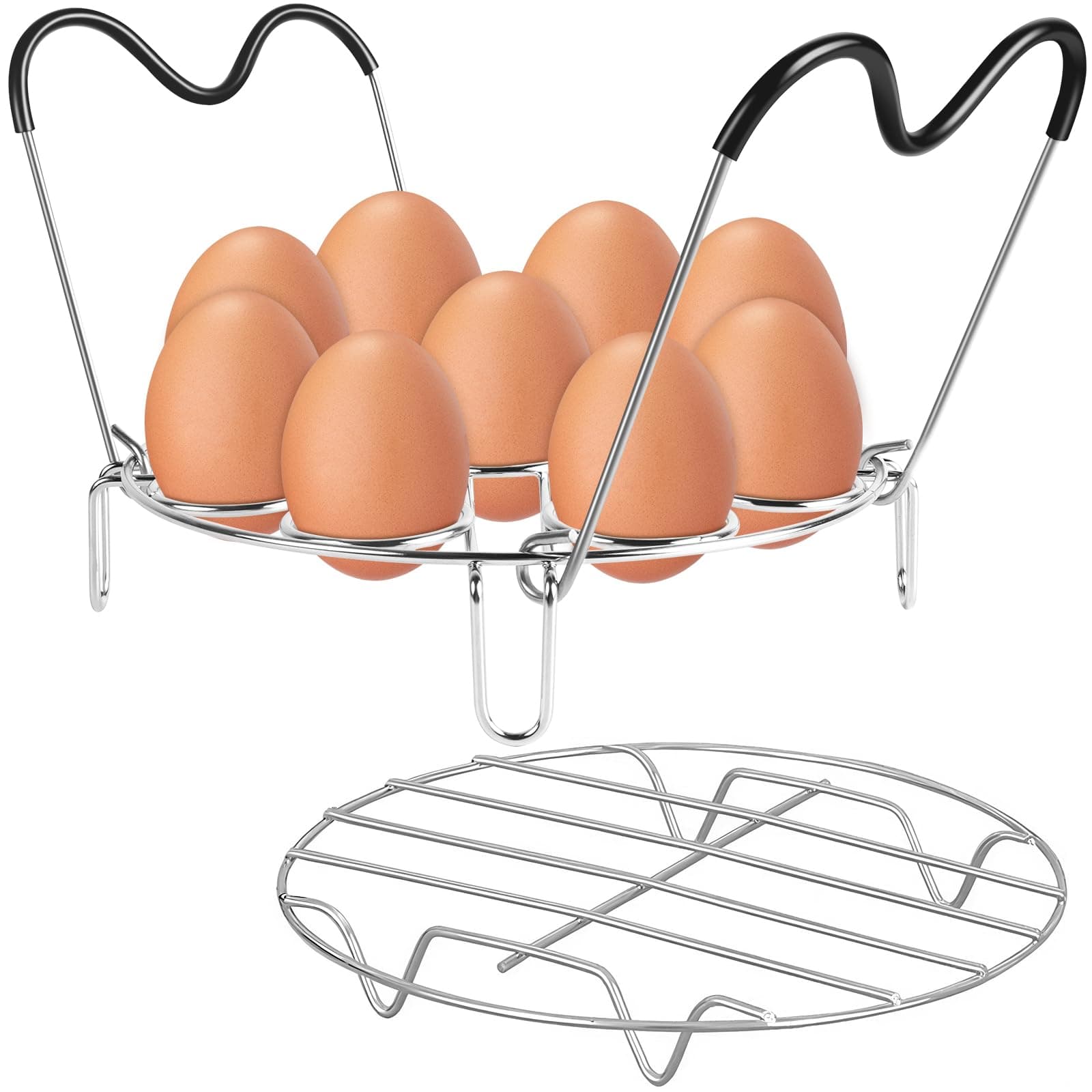 Steamer Cooling Rack Trivet Accessory Set, Include 9-holes Egg Steamer Cooking Rack with Heat Resistant Silicon Handles & Compatible for 6, 8 Quart Pressure Cooker Trivet, Instant Pot Accessories