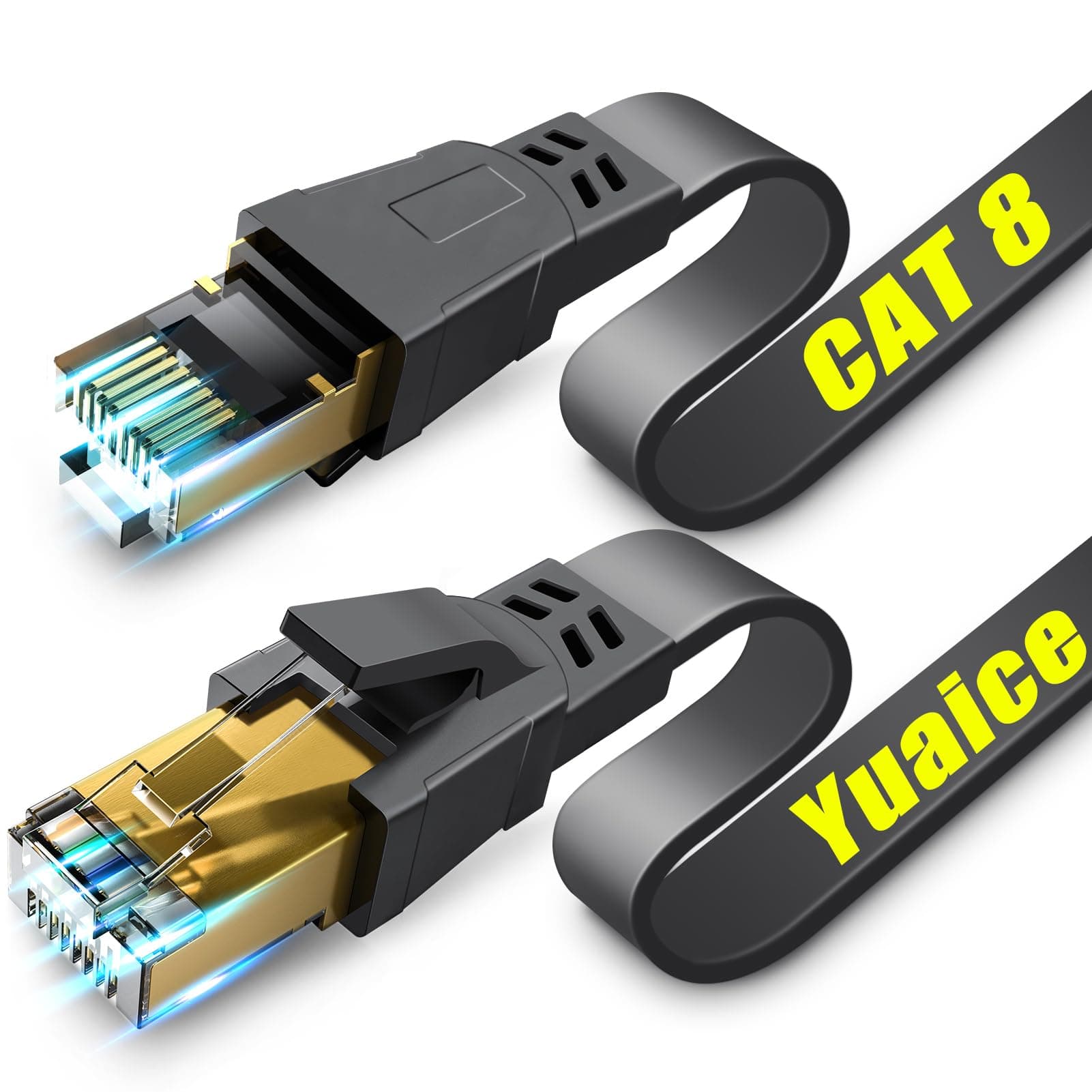 Cat 8 Ethernet Cable Flat 3FT-100FT, 40Gbps 2000MHz High Speed Gaming LAN Cable, Gold-Plated RJ45 Shielded STP, Weatherproof UV Resistant for Indoor Outdoor, Compatible with Router/PS5/Xbox/PC