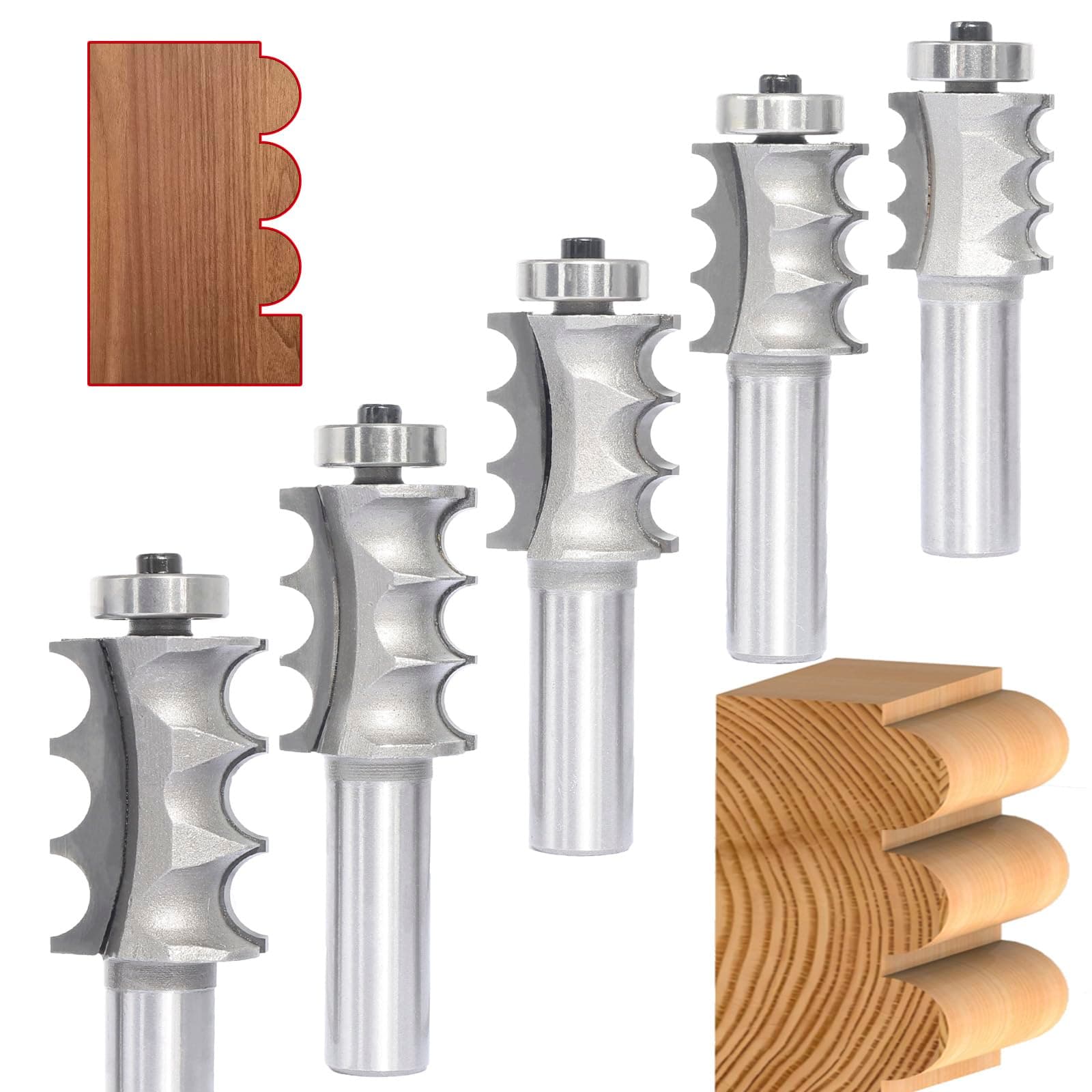 5pcs Triple Beading Router Bit Set,1/2" Shank,Radius 3/32",1/8",5/32", 5/32" and 3/16",Bearing Guided Cutters for Wood Multiple Beads Profiling,Molding,Edging