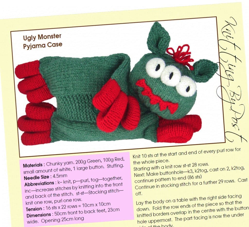 Knitting Pattern Ugly Monster Pyjama Case - UK Knitting Pattern