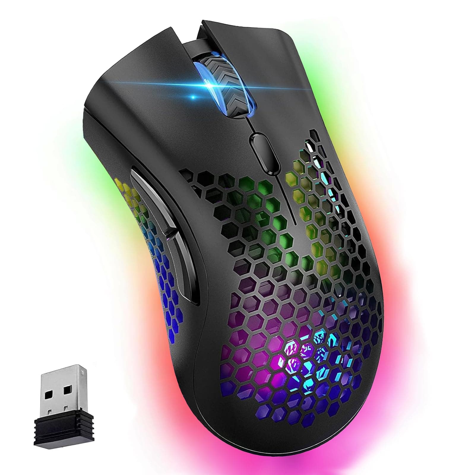Wireless Gaming Mouse, C8 Silent Click Rechargeable Computer Mouse with Honeycomb Tray, 3 Adjustable DPI 400 mAh Lithium Battery, USB Receiver, Ergonomic RGB Gamer Mouse for Laptop PC Mac