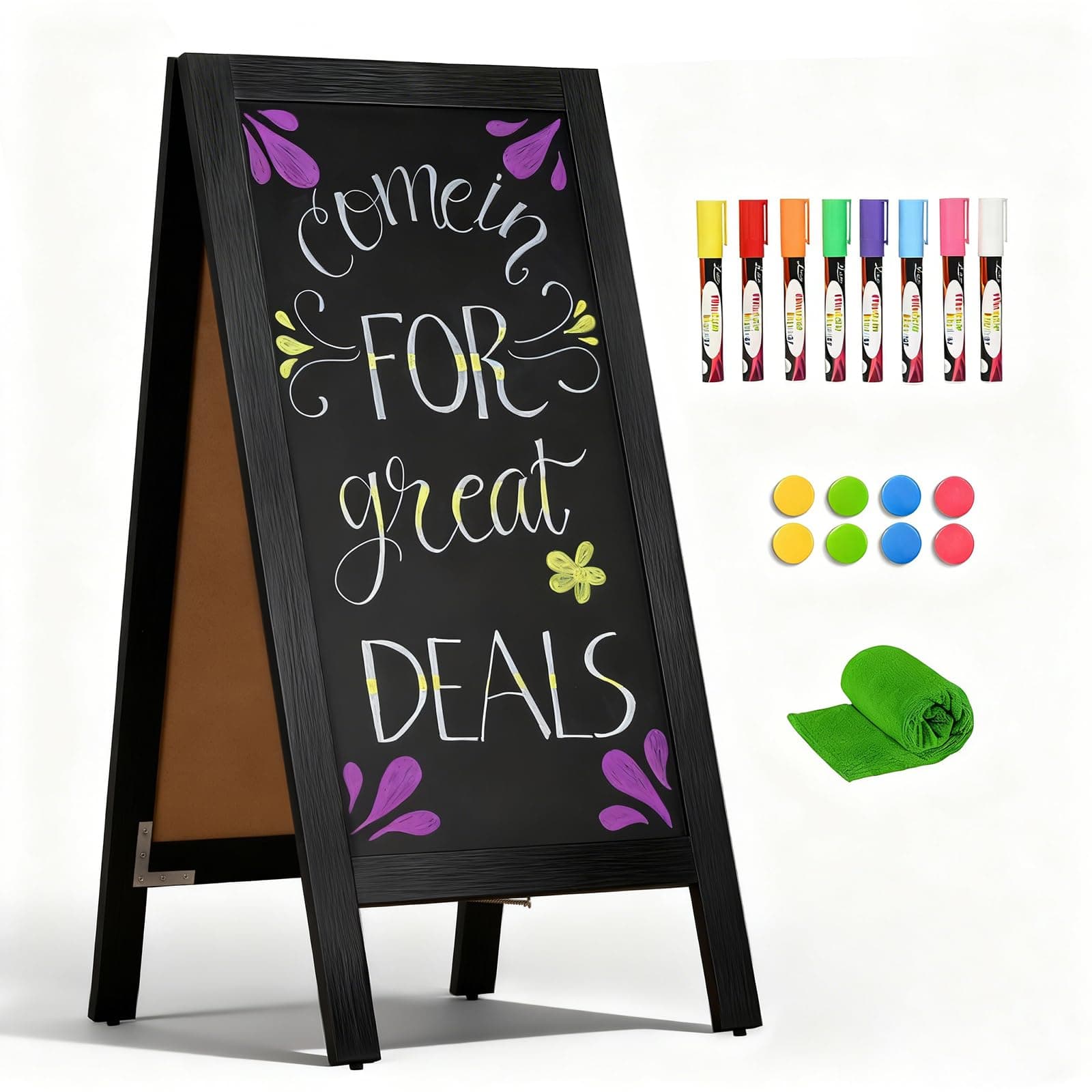 A-Frame Double-Sided Magnetic Chalkboard 40"x20", Solid Pine Wood Freestanding Sandwich Board for Restaurants, Cafes, Weddings (Black)