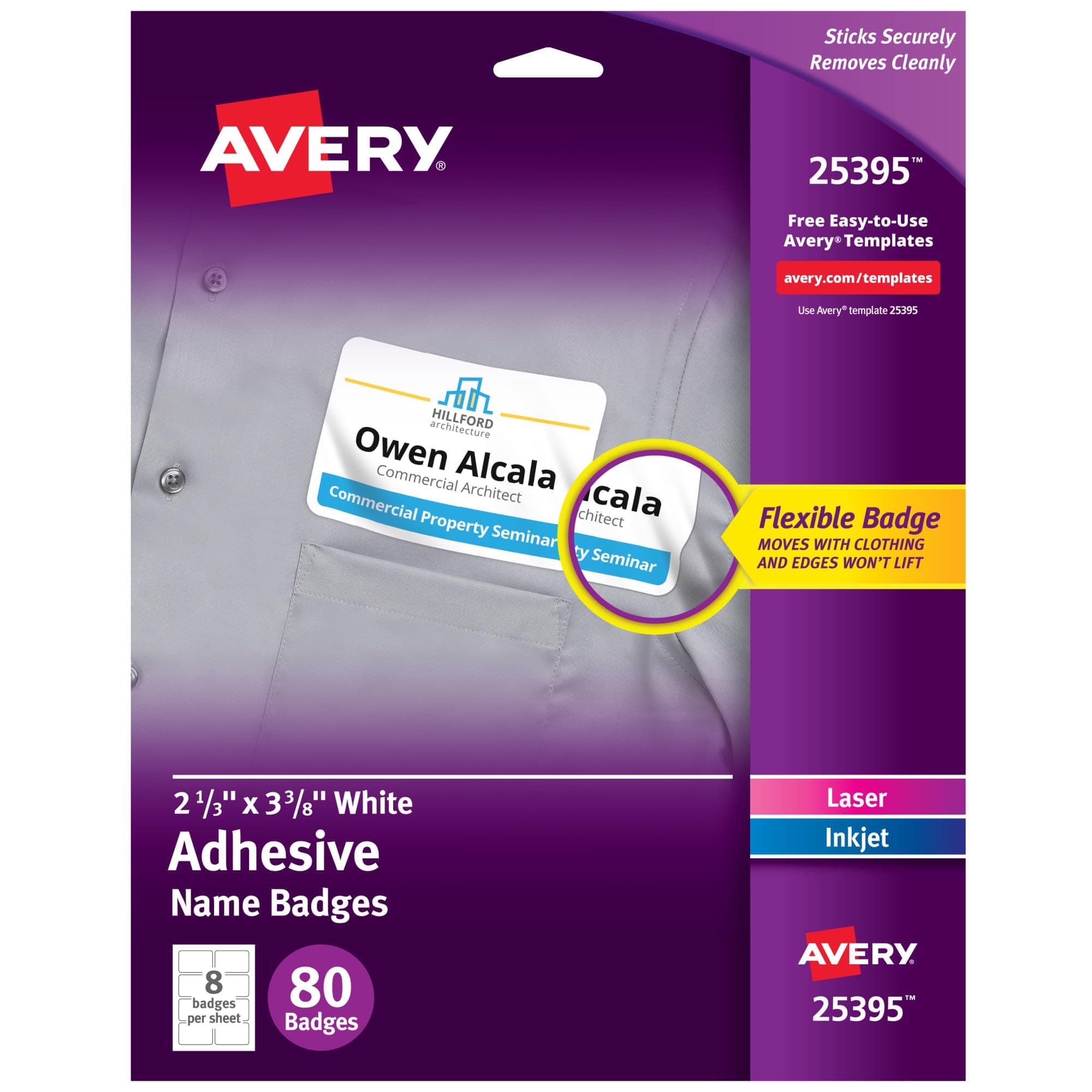 Avery Flexible Printable Name Tag Stickers, 2-1/3" x 3-3/8", Matte White, Removable Adhesive, Laser & Inkjet Compatible, 80 Name Badges Total, Great for Networking, Events, and More (25395)