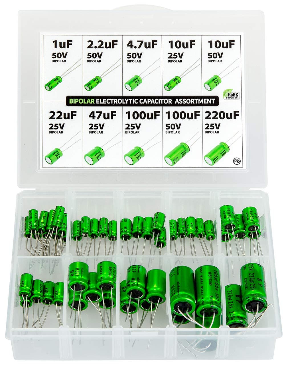 Bipolar (Non Polarized) BP NP Audio Electrolytic Capacitor Assortment Kit, 50 pcs, 10 Values, 25-50 Volt, 1uF, 2.2uF, 4.7uF, 10uF, 22uF, 47uF, 100uF, 220uF