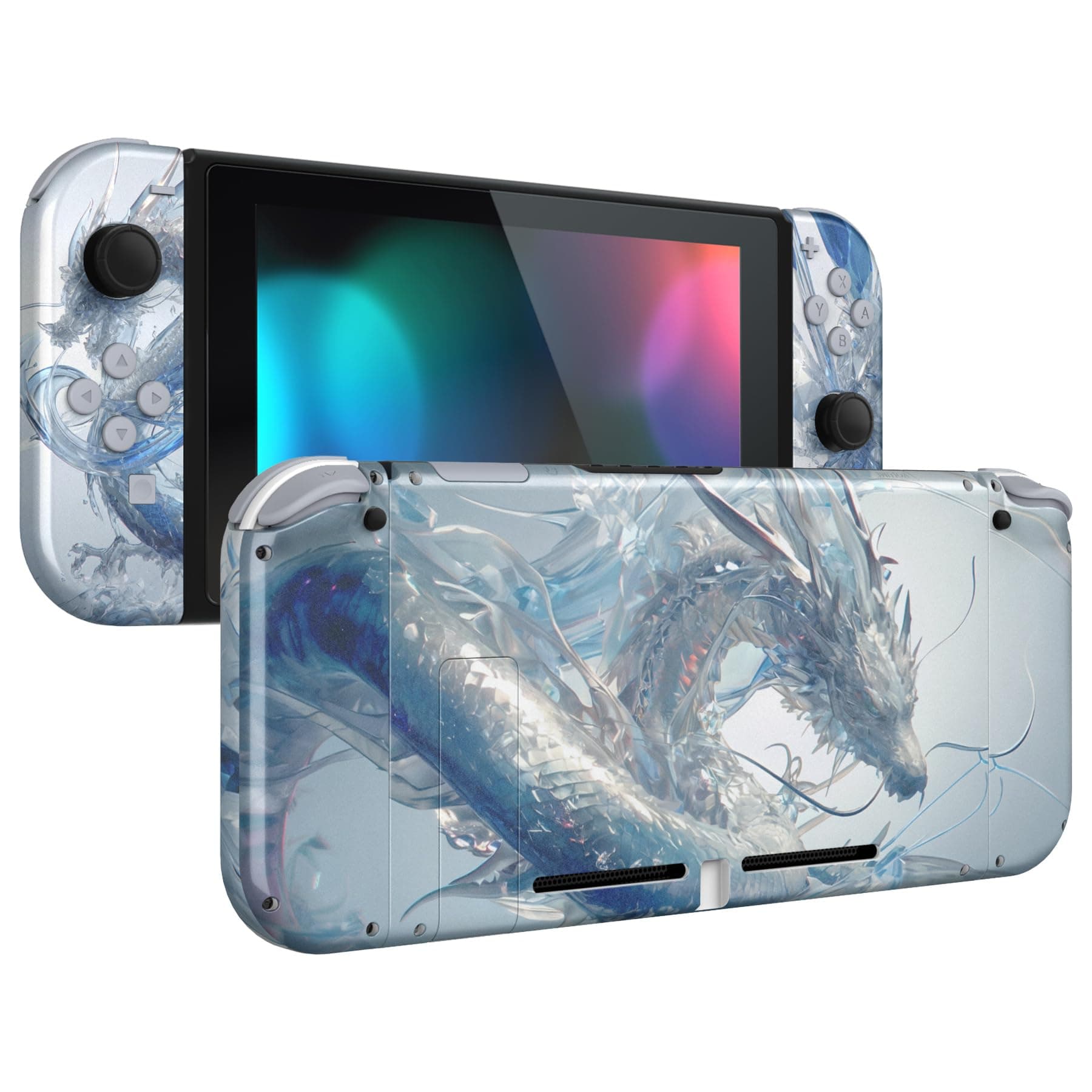eXtremeRate DIY Replacement Shell Buttons for Nintendo Switch, Crystal Dragon Back Plate for Switch Console, Housing with Full Set Buttons for Joycon Handheld Controller - Console Shell NOT Included