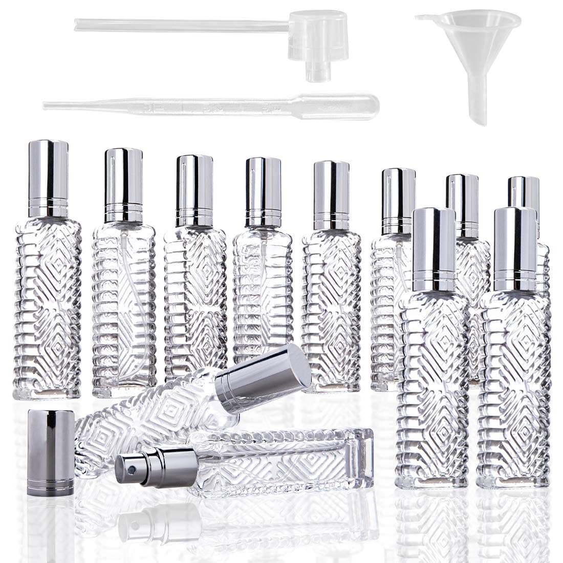 12pcs Perfume Bottles Empty Clear Glass Atomizer Spray Bottles Empty Refillable for Perfume Essential Oil,Packed with Funnels Pipettes Dispensers Engraved Taj Mahal Style(13ml)