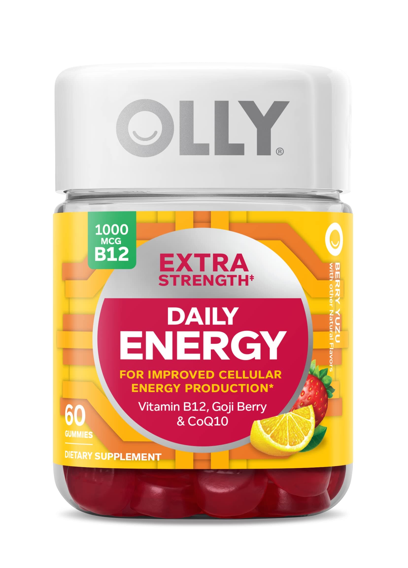 Extra Strength Daily Energy Gummy, Caffeine Free, 1000mcg Vitamin B12, CoQ10, Goji Berry, Adult Chewable Supplement, Berry Yuzu Flavor - 60 Count