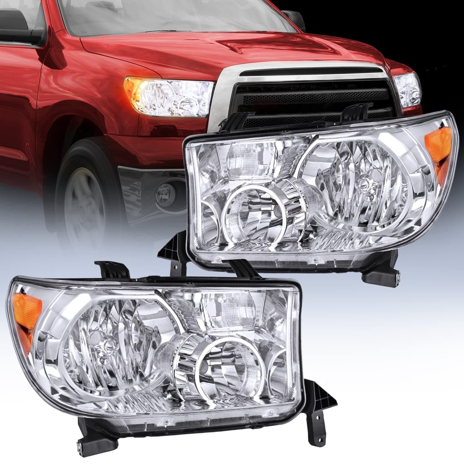 Headlight Assembly for 2007 2008 2009 2010 2011 2012 2013 Toyota Tundra 2008-2017 Sequoia Headlamps Replacement Chrome Housing Amber Reflector Driver and Passenger Side