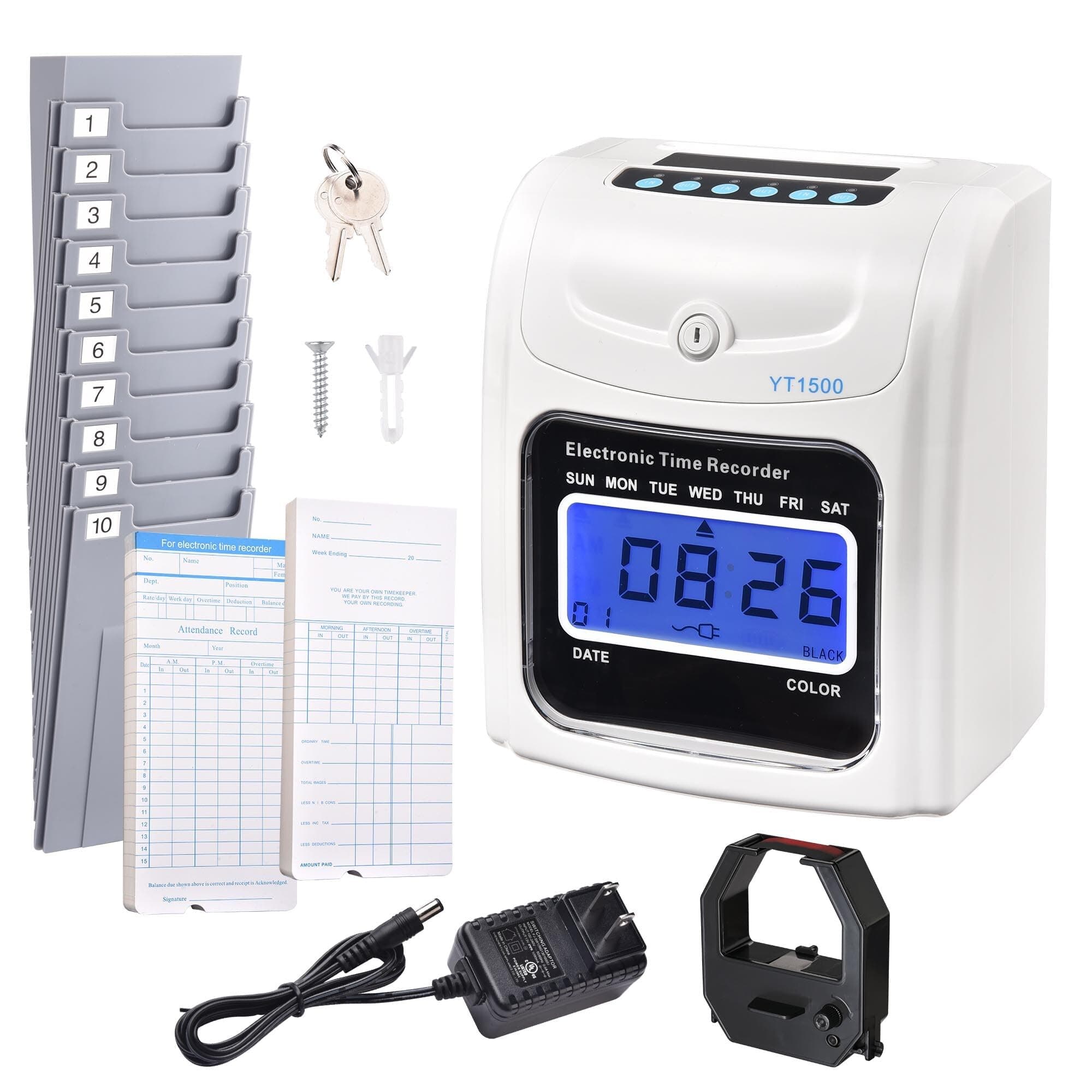 Yescom Attendance Punch Time Clock Bundle Employee Payroll Recorder LCD Display with 100 Cards, 1 Time Card Holder, 2 Keys & Ink Ribbon