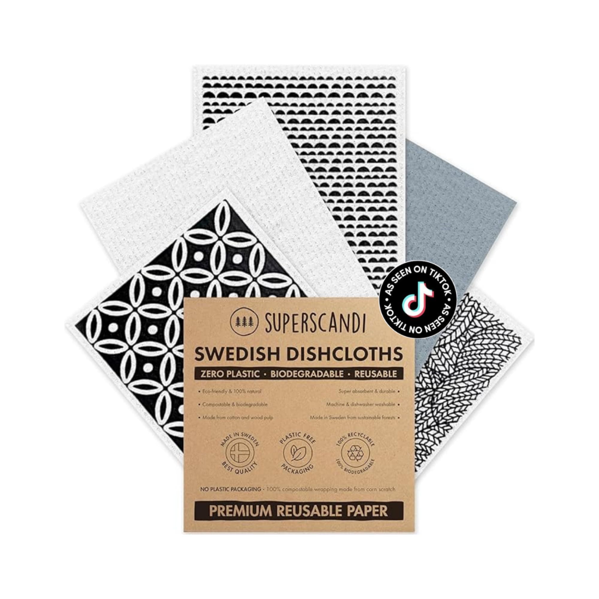 SUPERSCANDI 5 Pack Swedish Dishcloths for Kitchen - 100% Biodegradable & Compostable, Reusable Paper Towels Washable, Food-Safe & Without Plastic - Dish Rags Suitable for Any Surface, Scandi White
