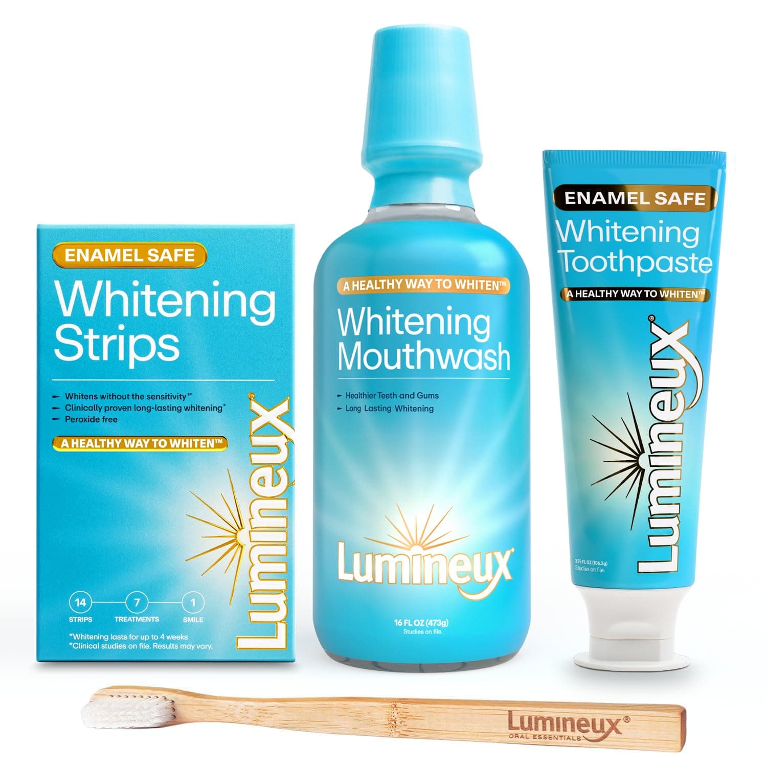 Teeth Whitening Kit Peroxide Free Enamel Safe for Whiter Teeth Includes 7 Whitening Treatments, 1 Mouthwash, 1 Toothpaste & 1 Bamboo Toothbrush, Dentist Formulated