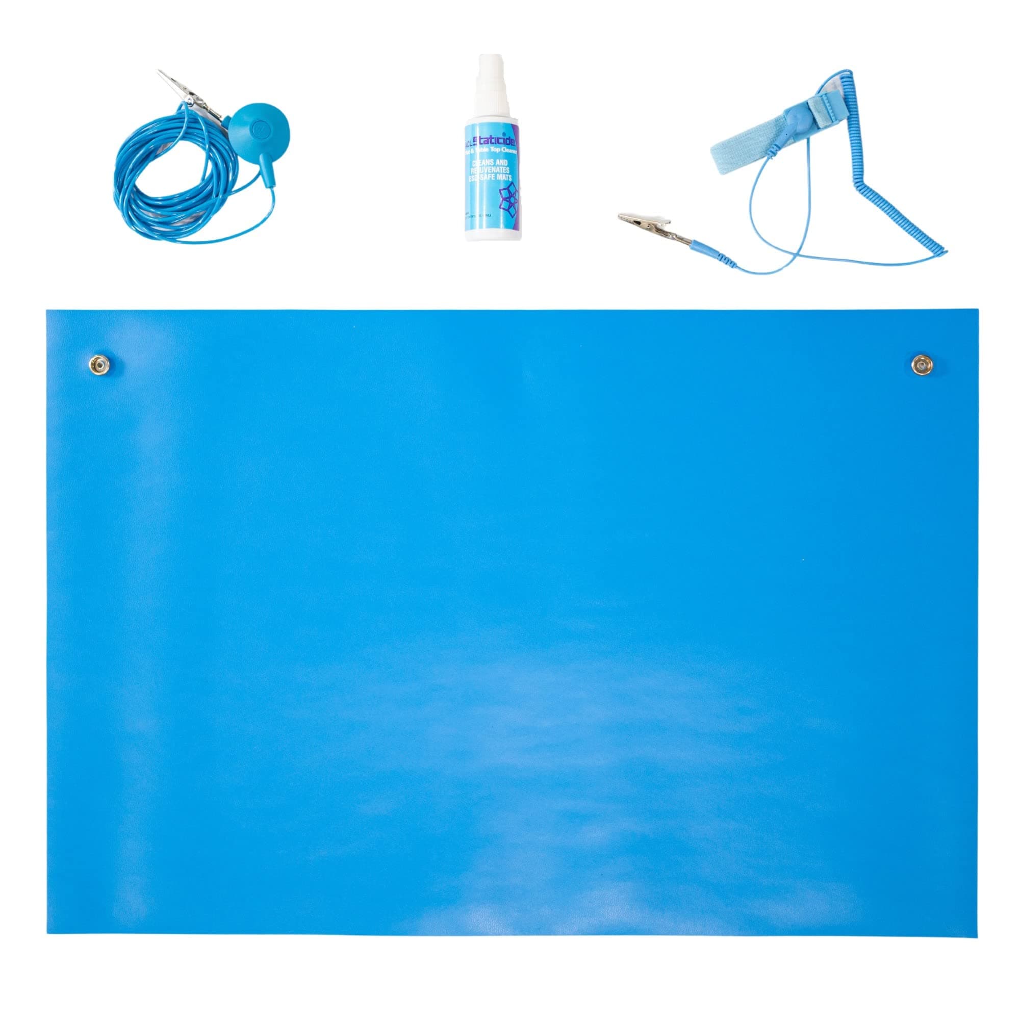 ESD Anti-Static Table Mat Kit | 16" x 24" | Sky Blue | with (1) ESD Wrist Strap, (1) ESD Grounding Cord, (1) Bottle of Mat Cleaner