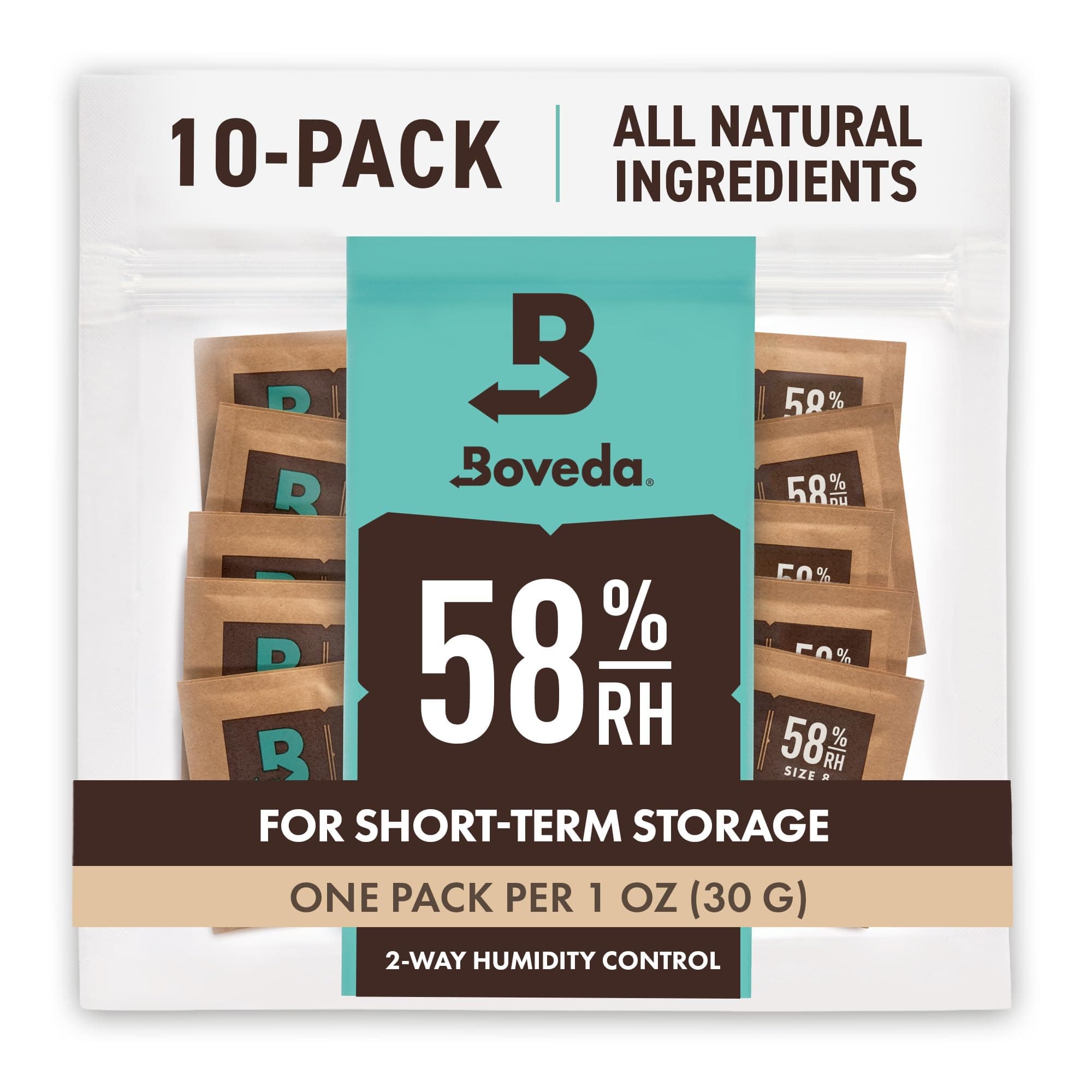 Boveda Herb Storage 58-RH 2-Way Humidity Control Size 8 Protection Up to 1oz (30 Grams) Flower Prevention Terpenes Loss Over Drying and Molding 10-Count Reseal Bags 10