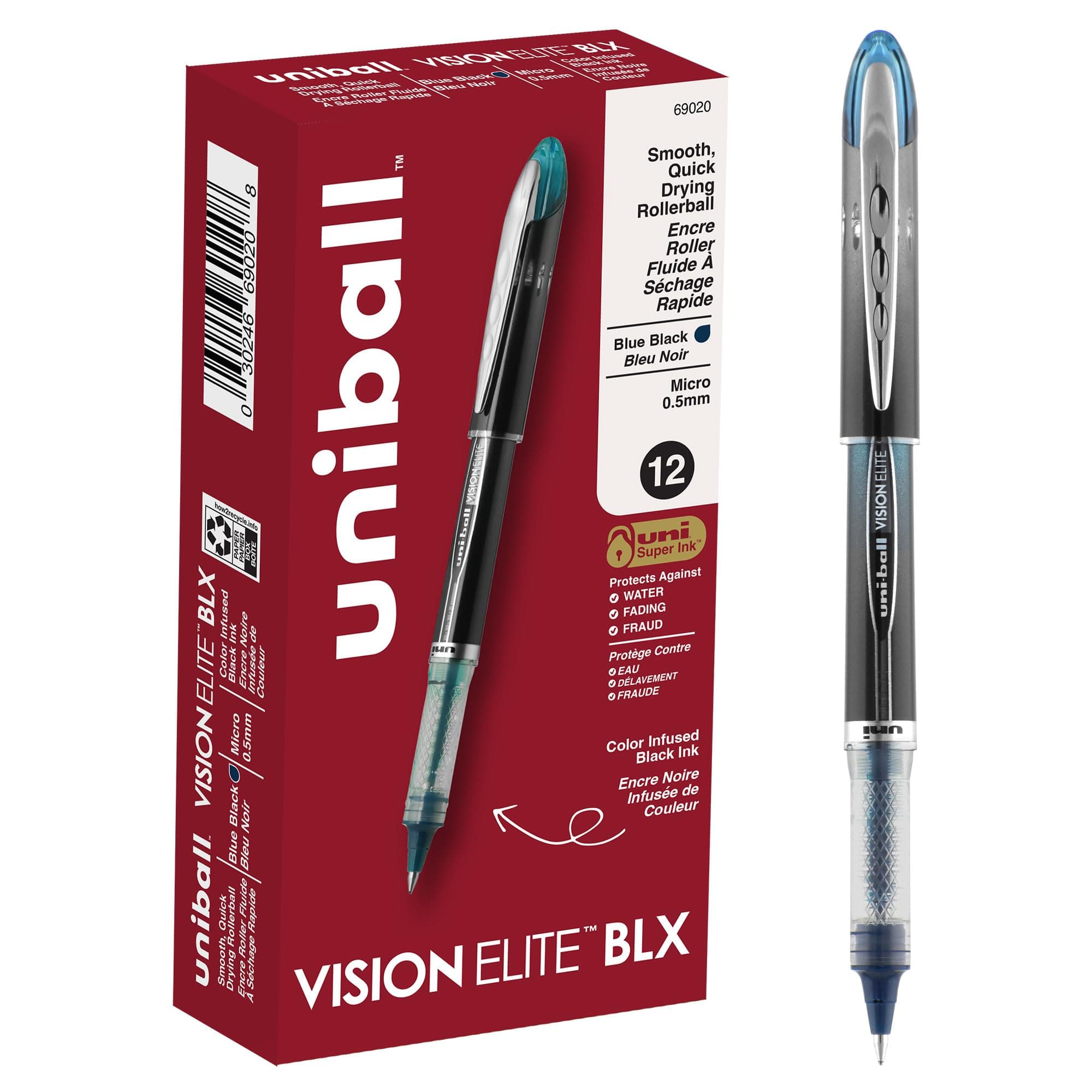 Vision Elite BLX Infusion Rollerball Pens Fine Point Micro Tip, 0.5mm, Blue/Black, 12 Pack