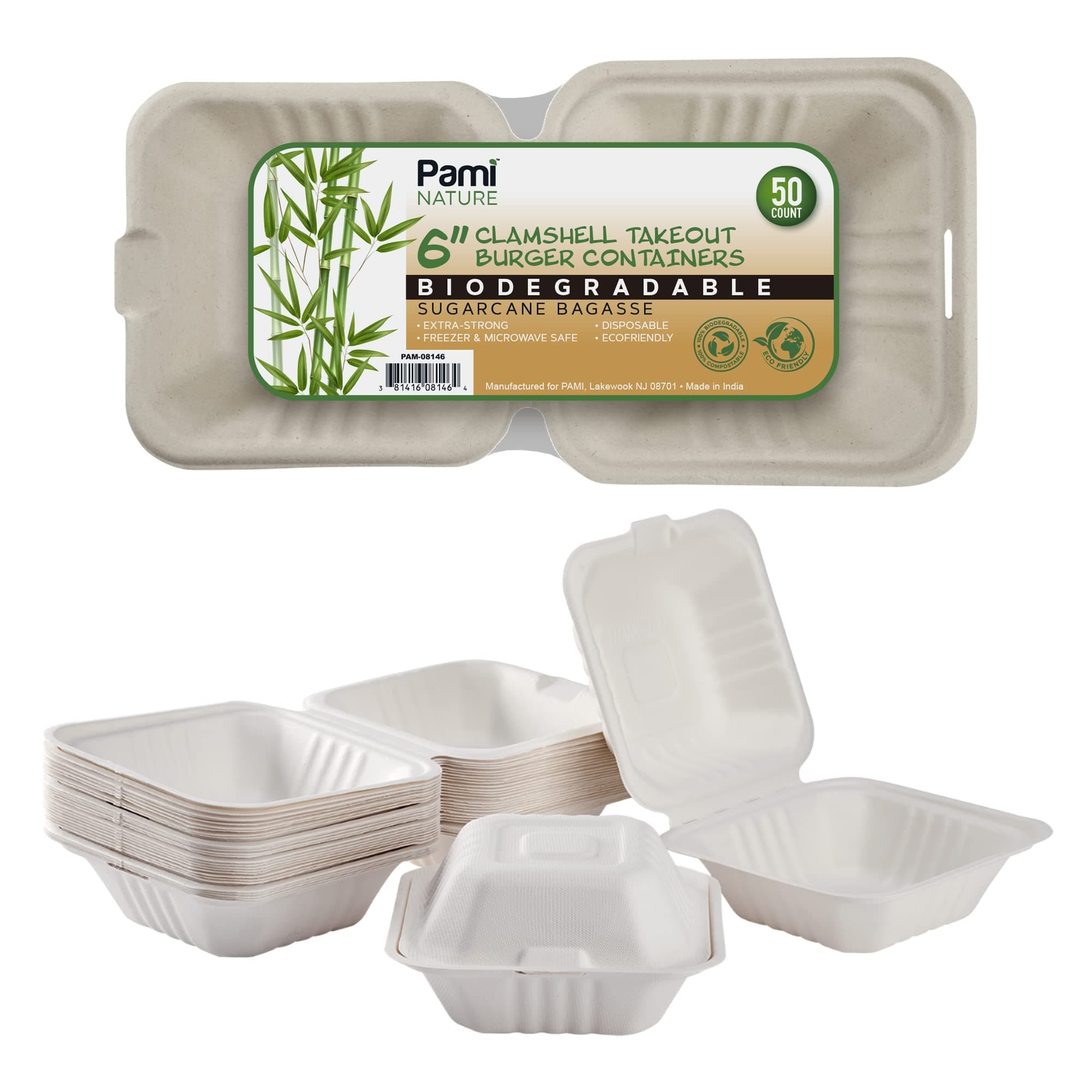 PAMI 50-Pack 6x6 Biodegradable Bento Box Hamburger Containers, Compostable Small Take out Boxes Made from Sugarcane Fibers