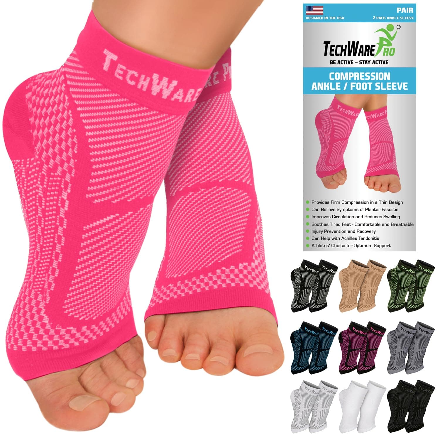 TechWare Pro Ankle Brace Compression Sleeve - Relieves Achilles Tendonitis, Joint Pain. Plantar Fasciitis Foot Sock with Arch Support Reduces Swelling & Heel Spur Pain. (Pink, L / XL)