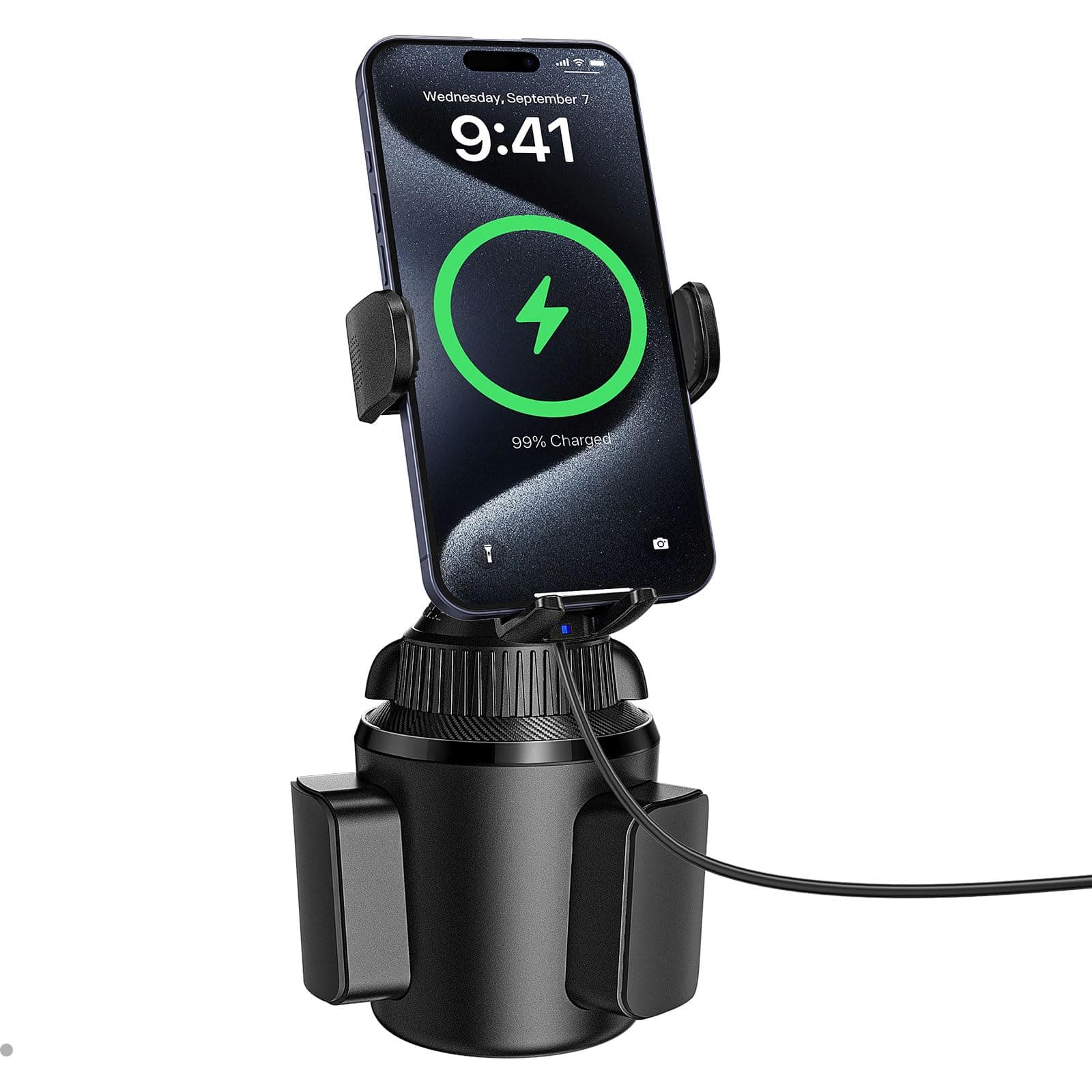 APPS2Car Solid Cup Phone Mount for Car Cup Holder Wireless Charger 15W with Quick Extension Long Arm Fast Swivel Adjustable Height 360 Rotatable Low Profile for iPhone 15 Pro Max Plus 14 13 12 11 XS X