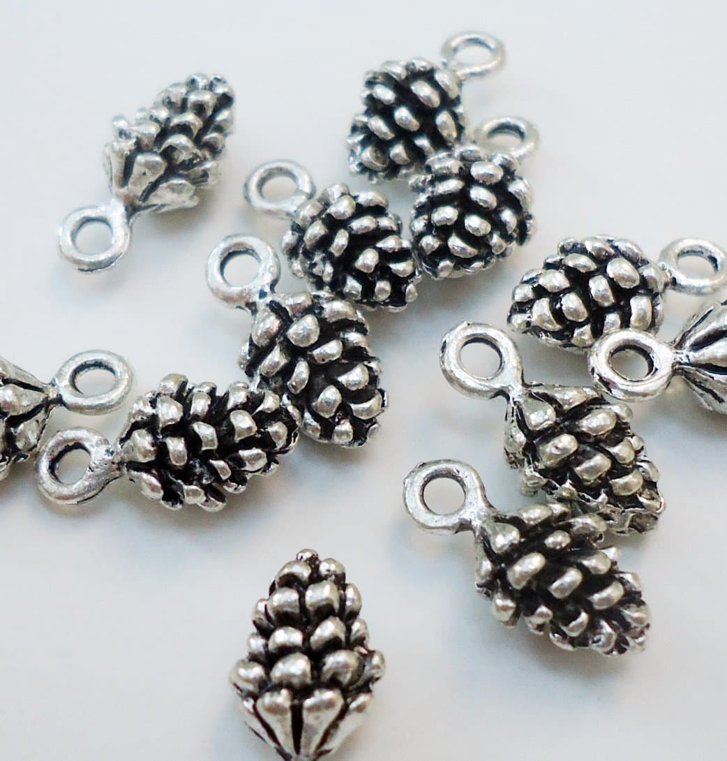 Tiny Pinecone Charms - Antique Silver- Set of 25