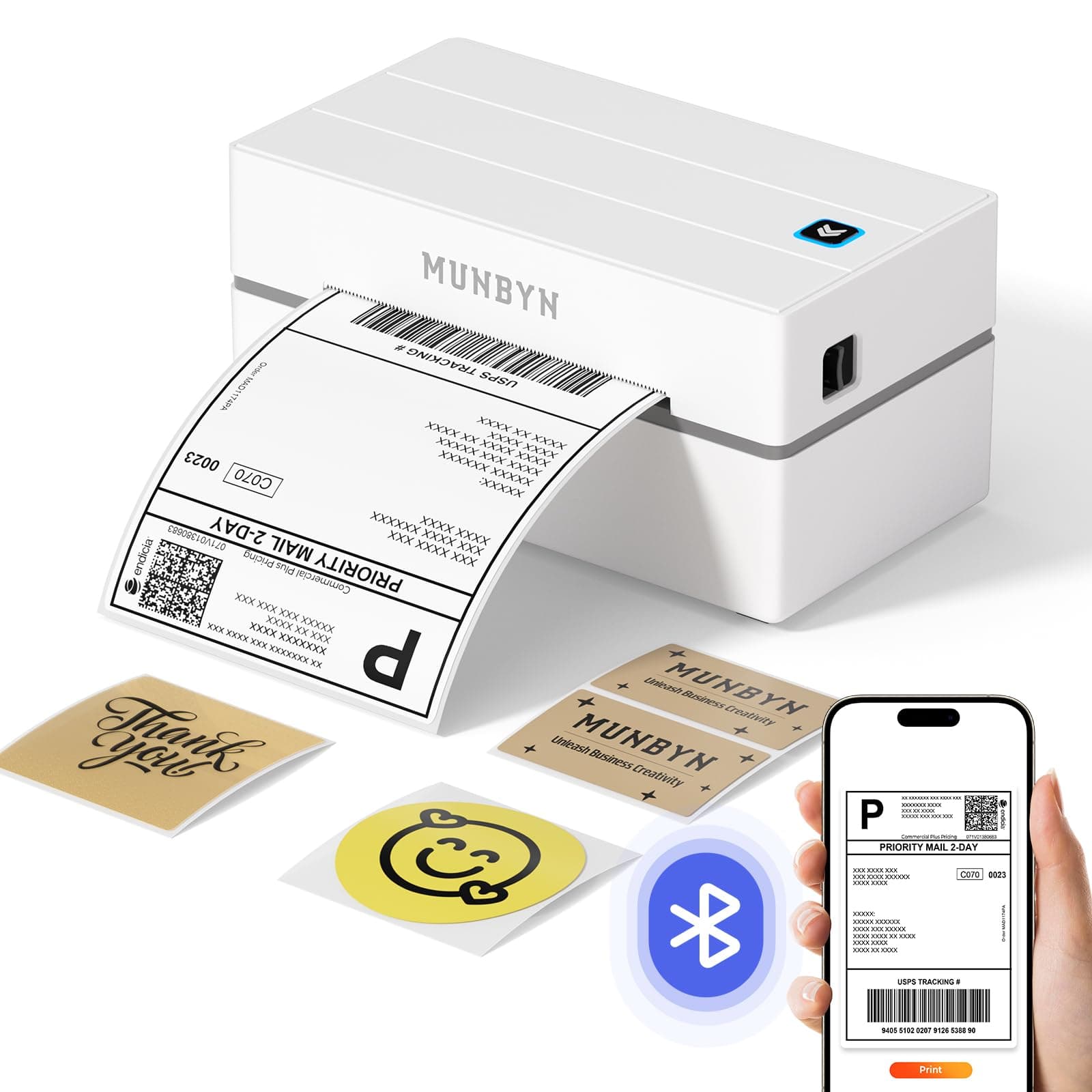 MUNBYN Shipping Label Printer Bluetooth Connection, Thermal Label Printer 4x6, Postage Sticker Machine for Business, Compatible with Etsy, Shopify, eBay, Amazon, Royal Mail, DHL, DPD, 130B, White
