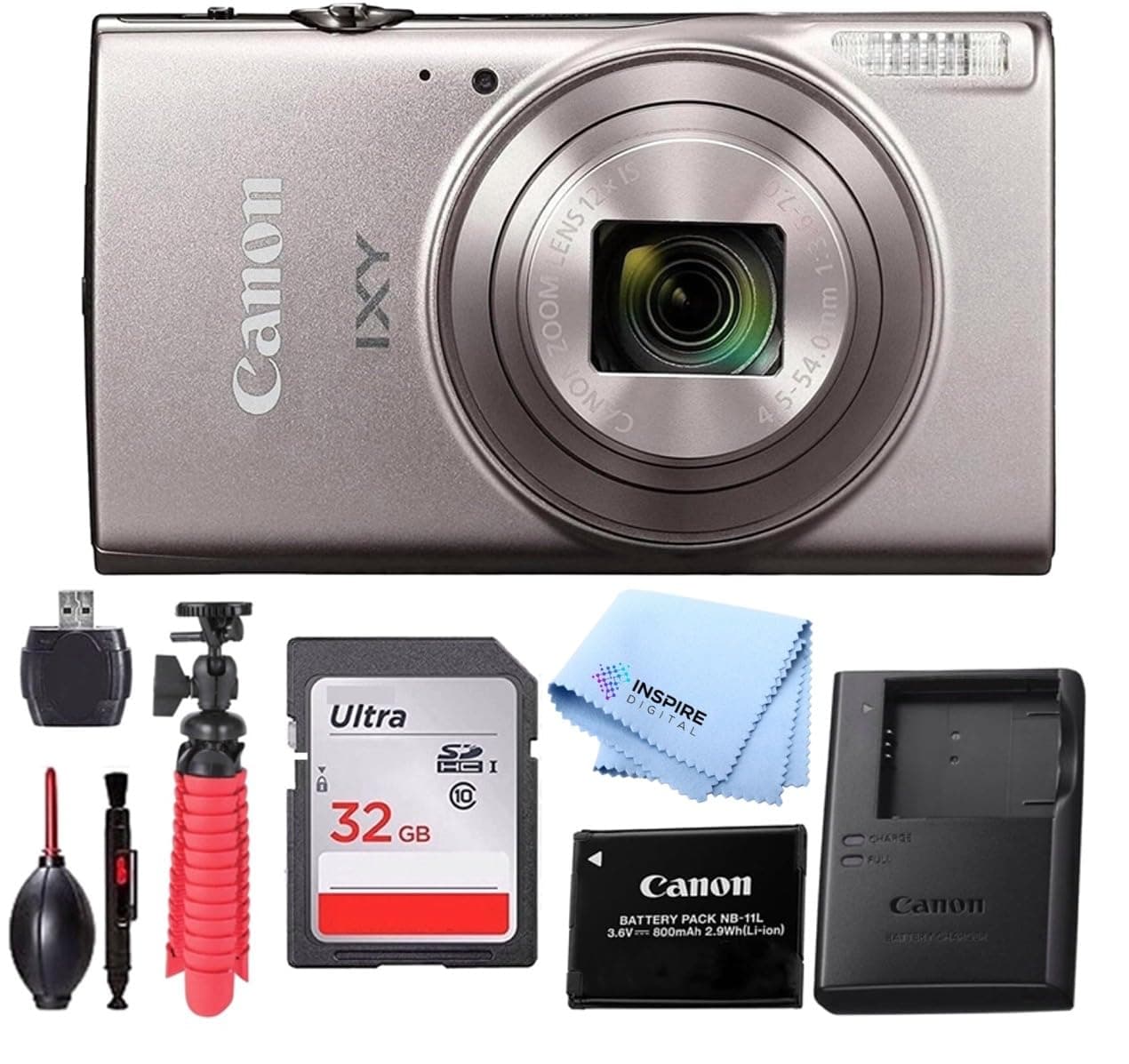 PowerShot IXY 650 (ELPH 360 HS) Digital Camera (Silver) – 20.2MP Wi-Fi Enabled – Includes 32GB Memory Card, Flex Tripod & Full Accessory Bundle W/Inspire Digital Cloth (Renewed)