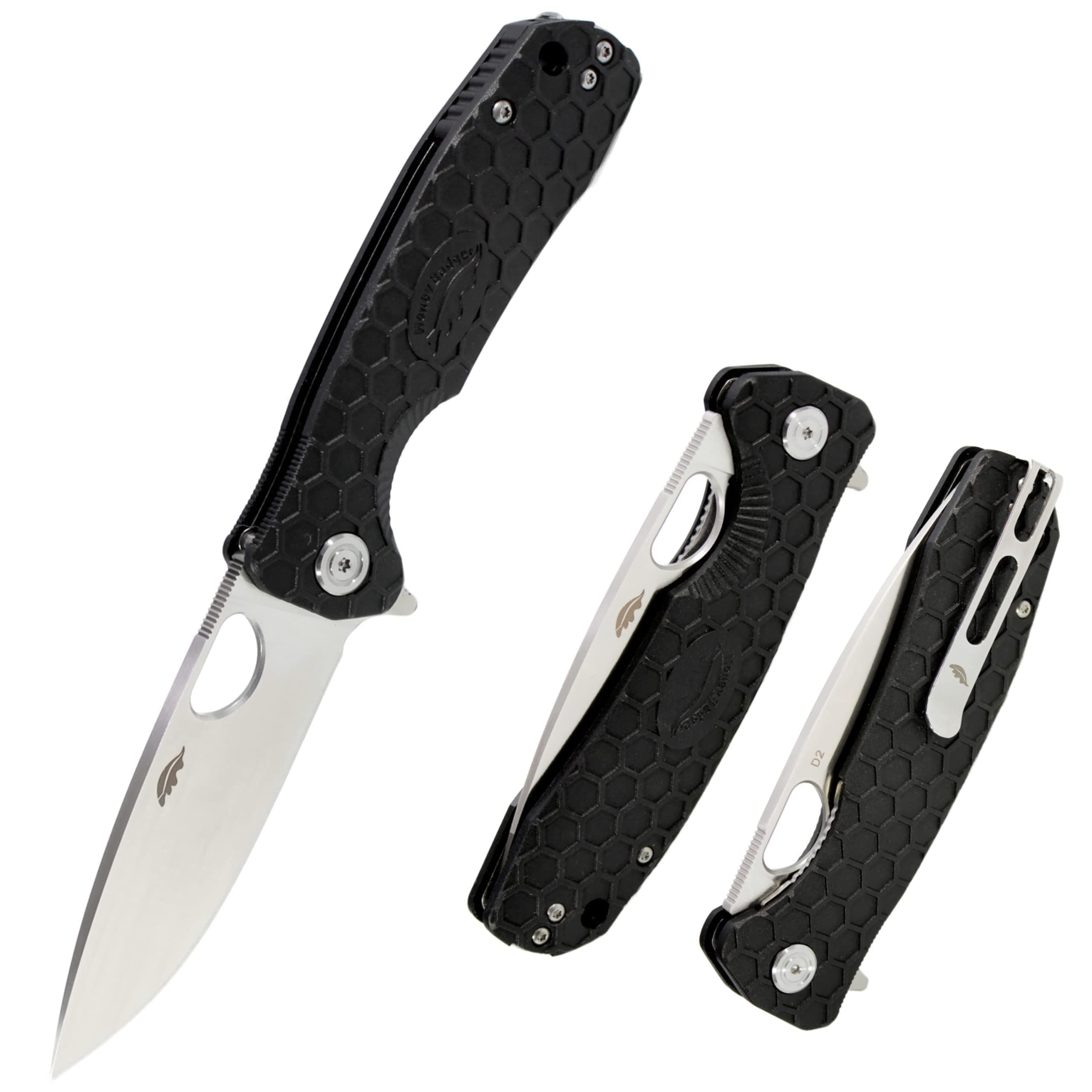 Honey Badger Medium Pocket Knife EDC Drop Point Folding Utility Knife 3.2" Steel Blade Reversible Pocket Clip - (2.9oz) Drop Point Medium Black D2 HB1016
