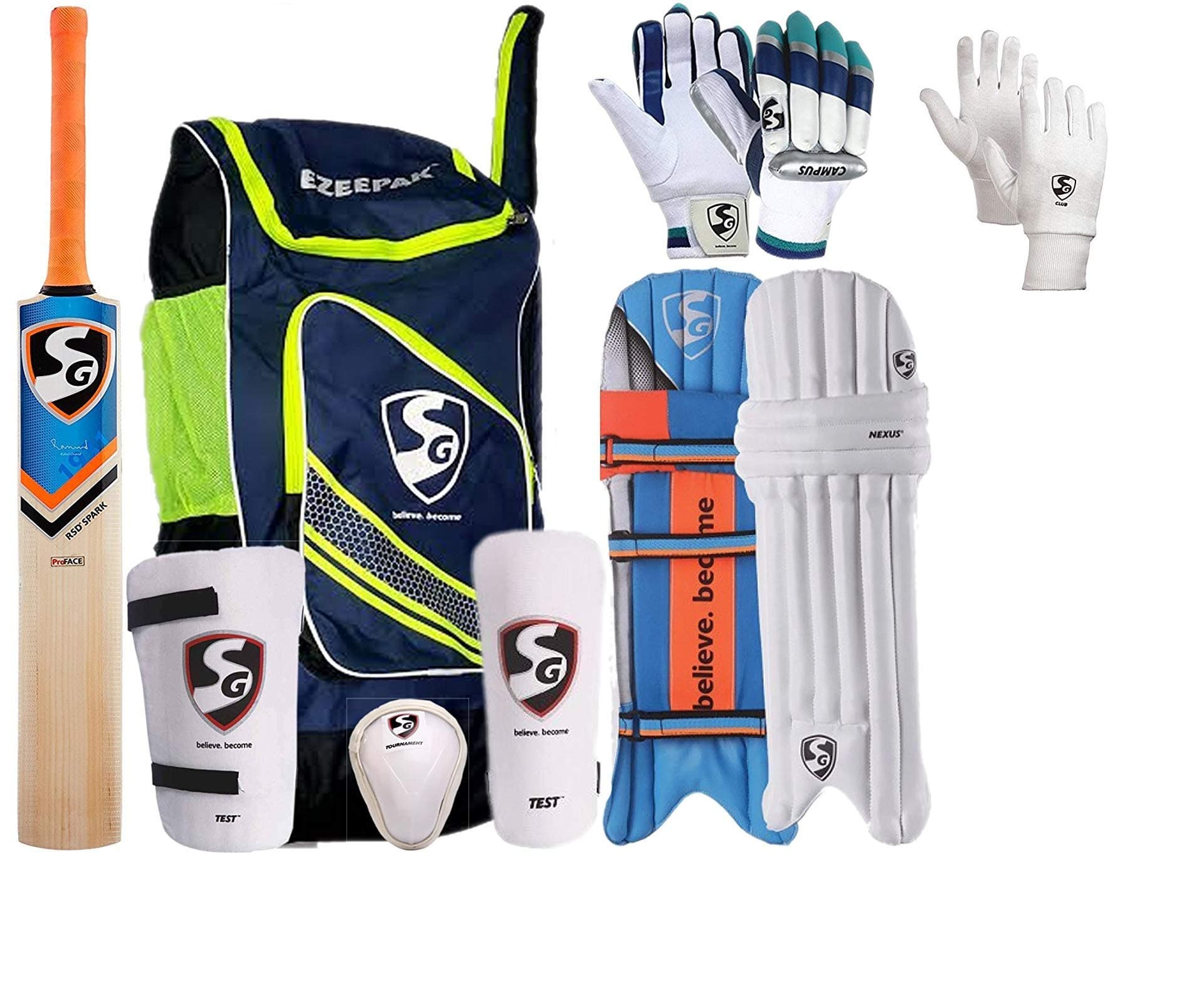 SG Complete Full Cricket Kit with Ezeepak Bag (Without Helmet) Bat Size: Short Handle (Men's Size) l Cricket kit Complete