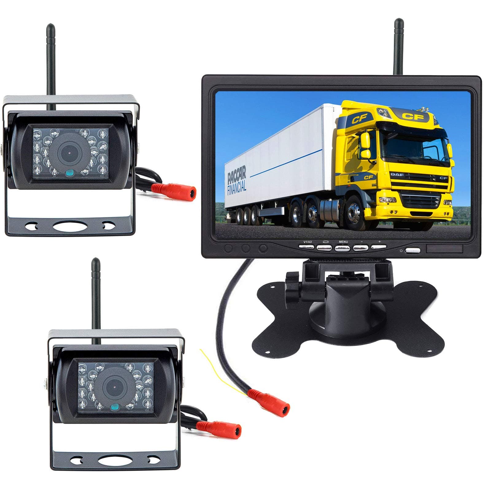 Wireless reversing camera kit, 2 x 18 IR LEDs Night Vision Waterproof Vehicle Backup Cameras(Without parking line)+ 7" TFT LCD HD 800 x 480 Color Monitor for Large Truck/Bus/RV/Trailer/Tractor/camper