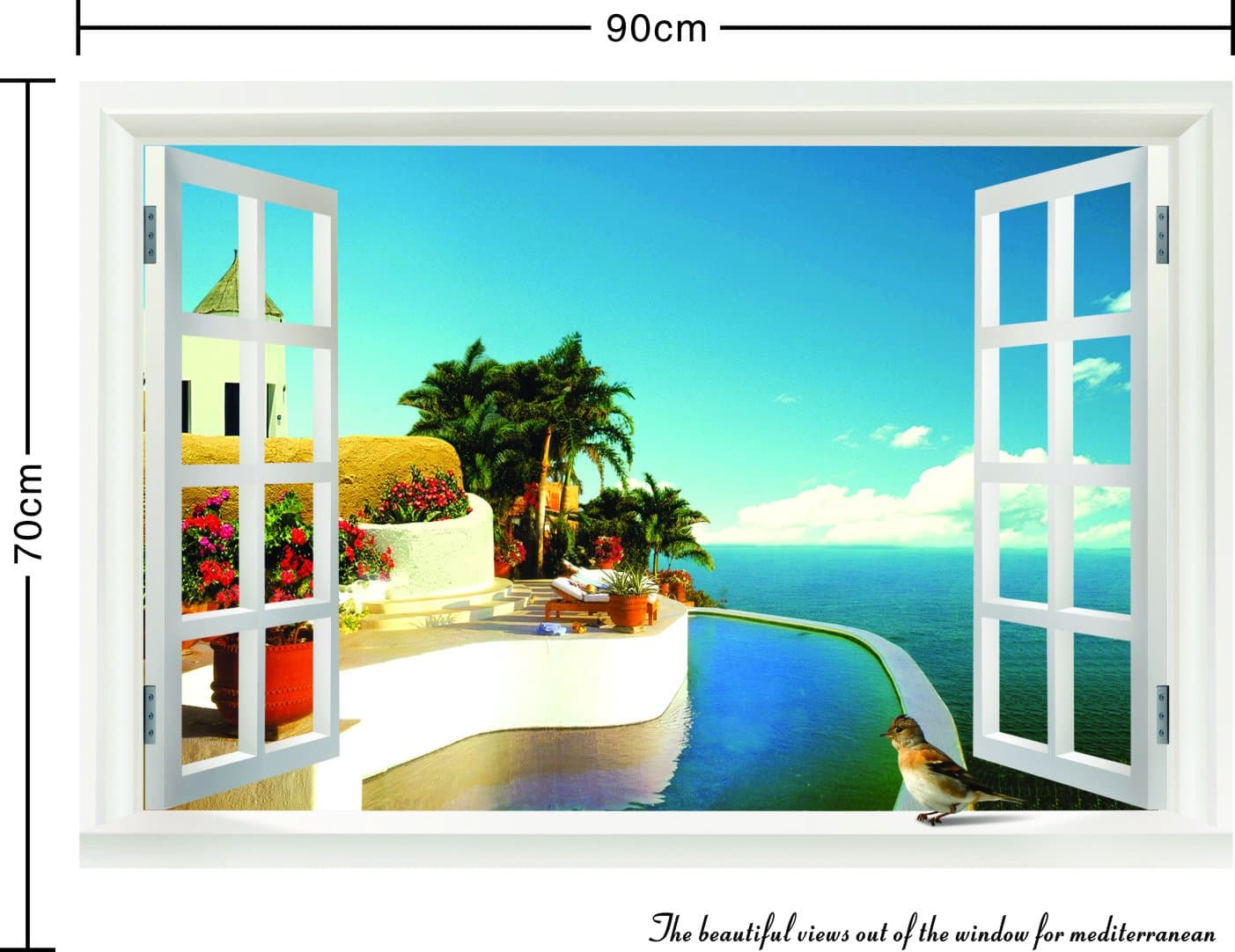 Theme Decal (TM) 9070cm False Window Beach Blue Ocean Wall Stickers Wallpaper Removable Home Decals PVC Art Decoration Mural Wall Decal Home Decor Bedroom Sitting Room Sofa Tv Background Vinyl DIY Art Decals