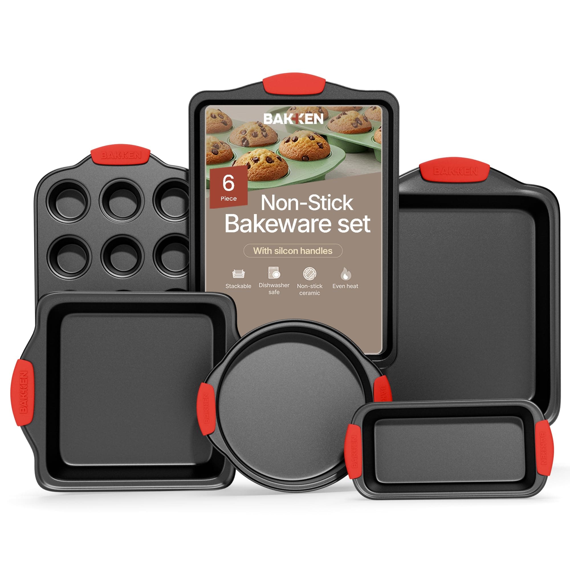 Baking Set – 6 Piece Kitchen Oven Bakeware Set – Deluxe Non-Stick Black Coating Inside and Outside – Carbon Steel – Red Silicone Handles – PFOA PFOS and PTFE Free by Bakken