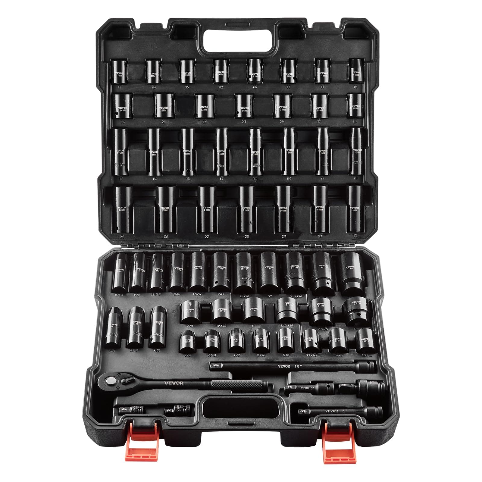 VEVOR 1/2" Drive Impact Socket Set, 65 Piece Socket Set SAE 3/8" to 1-1/4" and Metric 10-24mm, 6 Point Cr-V Alloy Steel for Auto Repair, Rugged Construction, Easy-to-Read Size Markings, Storage Case