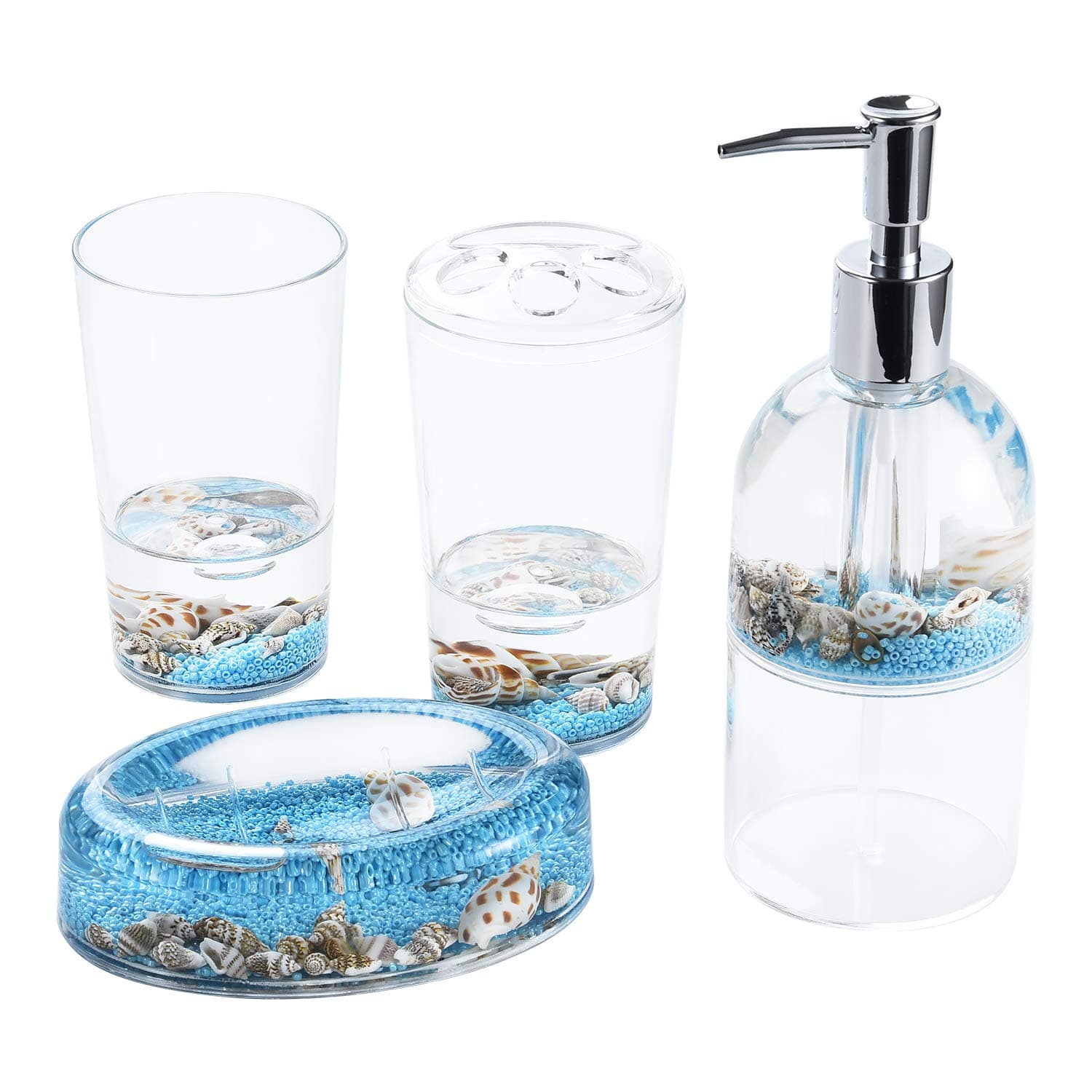Locco Decor 4 Piece Acrylic Liquid 3D Floating Motion Bathroom Vanity Accessory Set Oceam Theme Sea Shell Conch Toothbrush Holder, Tumbler, Soap Dispenser, Soap Dish